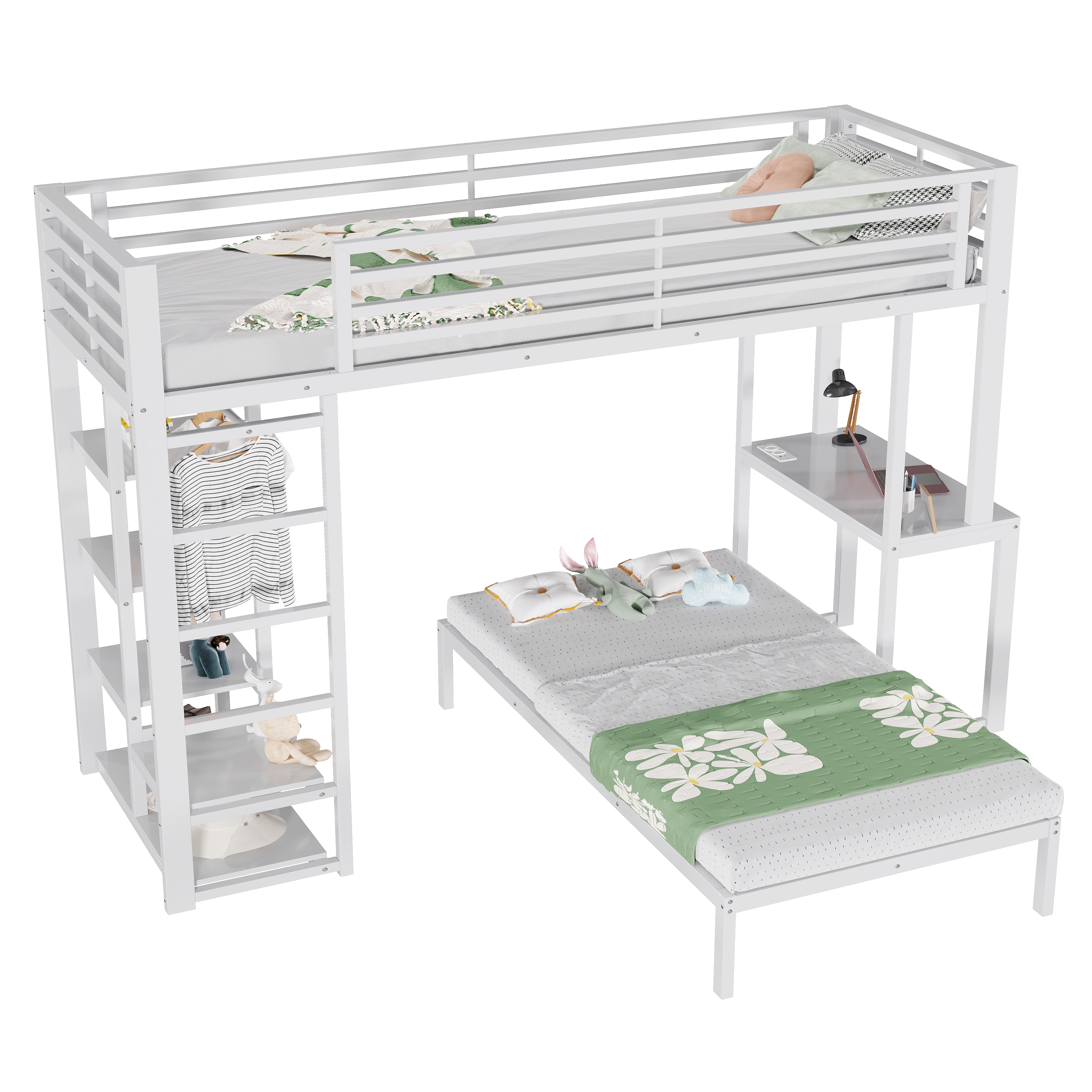 Lit mezzanine 90 x 200 cm 204x95x185 cm avec rangements, bureau, USB Type-C en MDF et métal blanc - spécifications 1