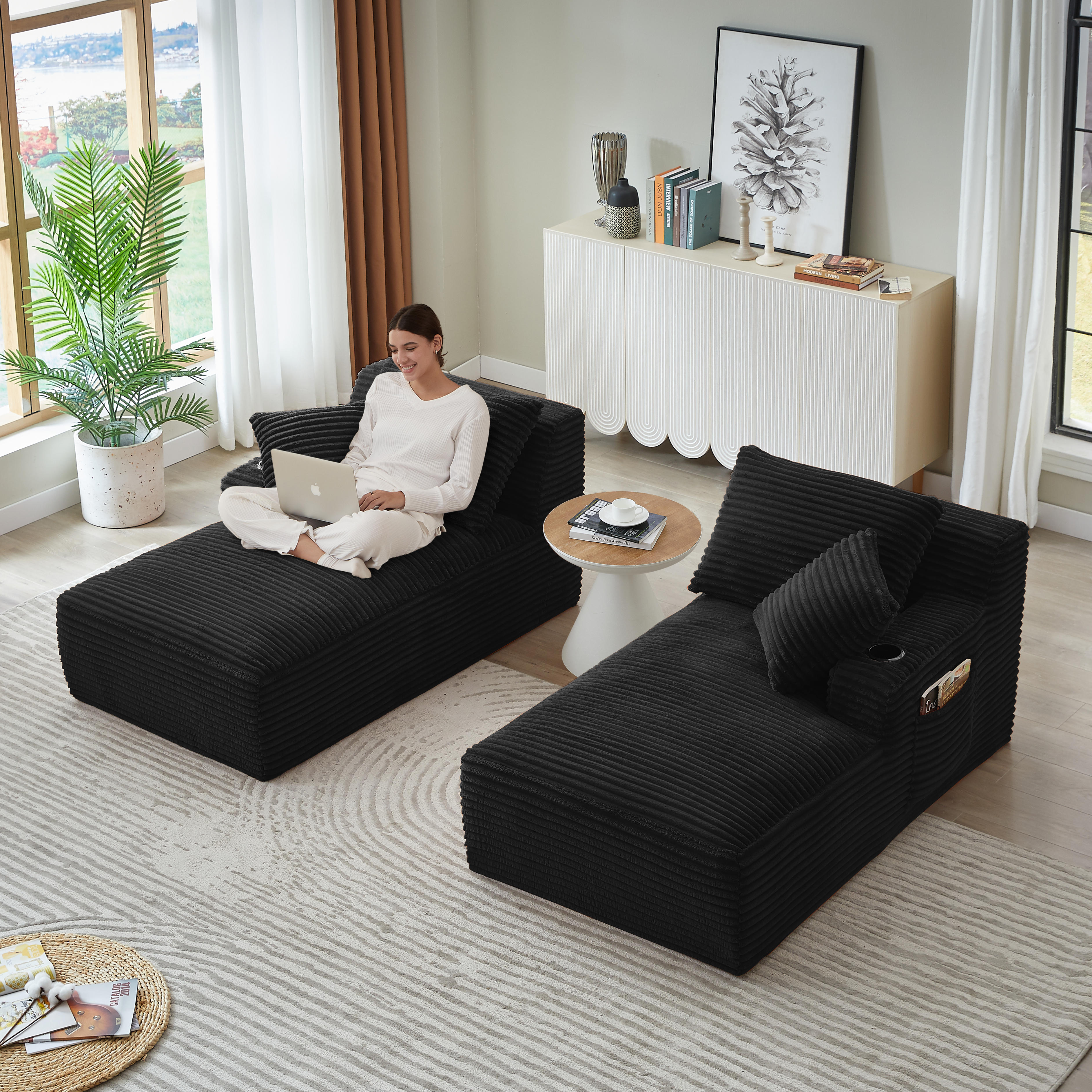 Double chaise longue noire en velours côtelé