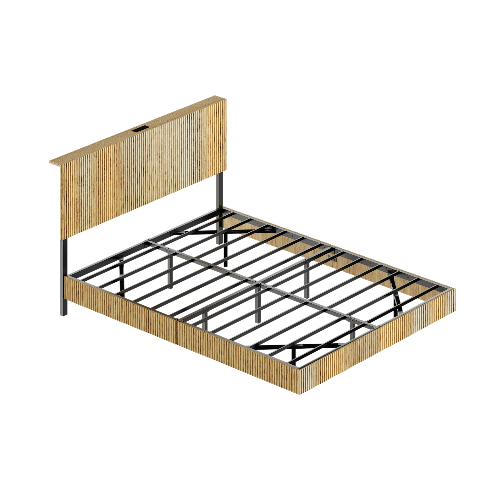 Lit design flottant avec tête de lit cannelé et prise intégrée USB, pieds cachés, nettoyage facile sous le lit, pour chambre moderne, recharge appareils au lit, look élégant et épuré, confort et technologie - image 9