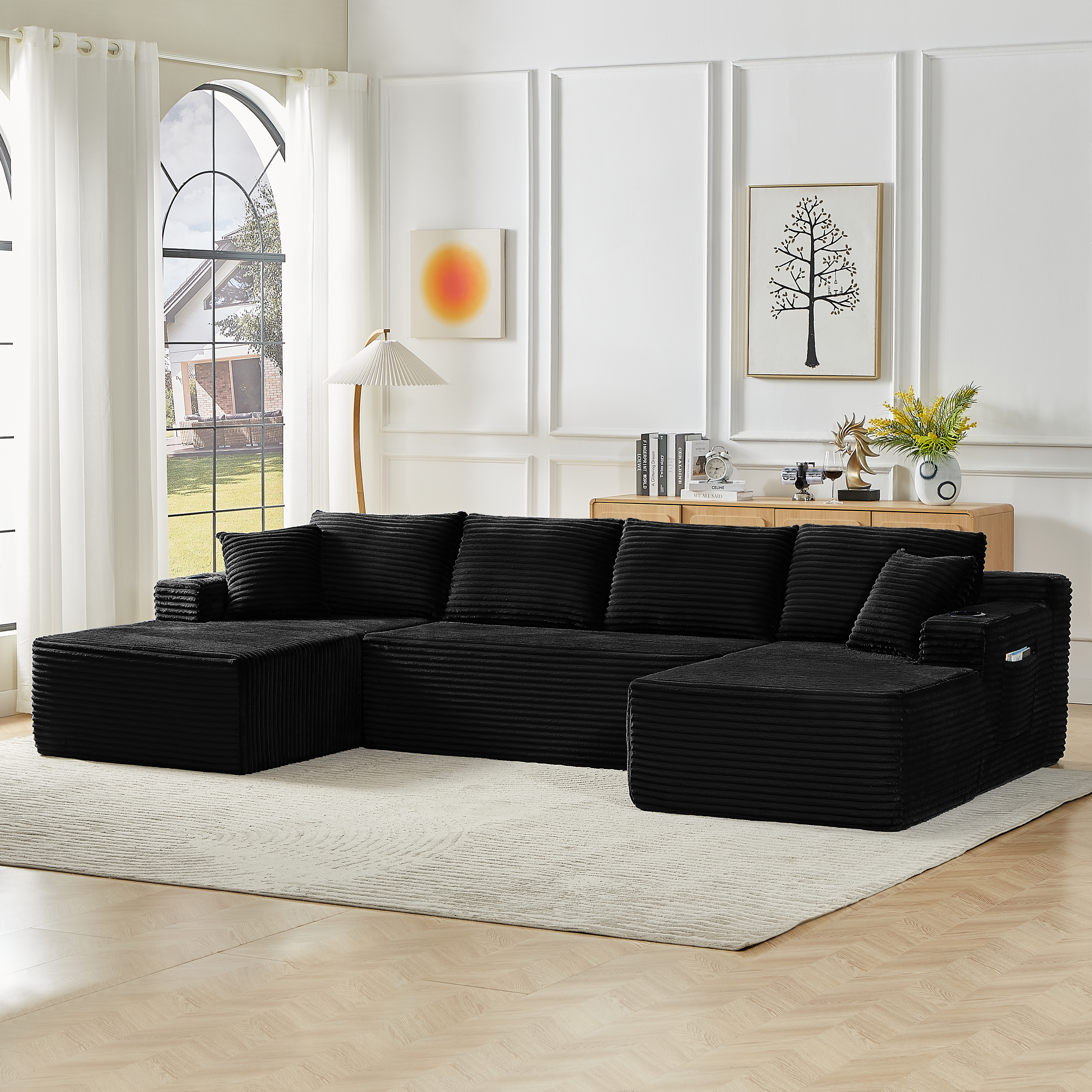 Canapé panoramique en U 6 places 339 x 158 x 82 cm, Velours côtelé, noir - vue principale 1