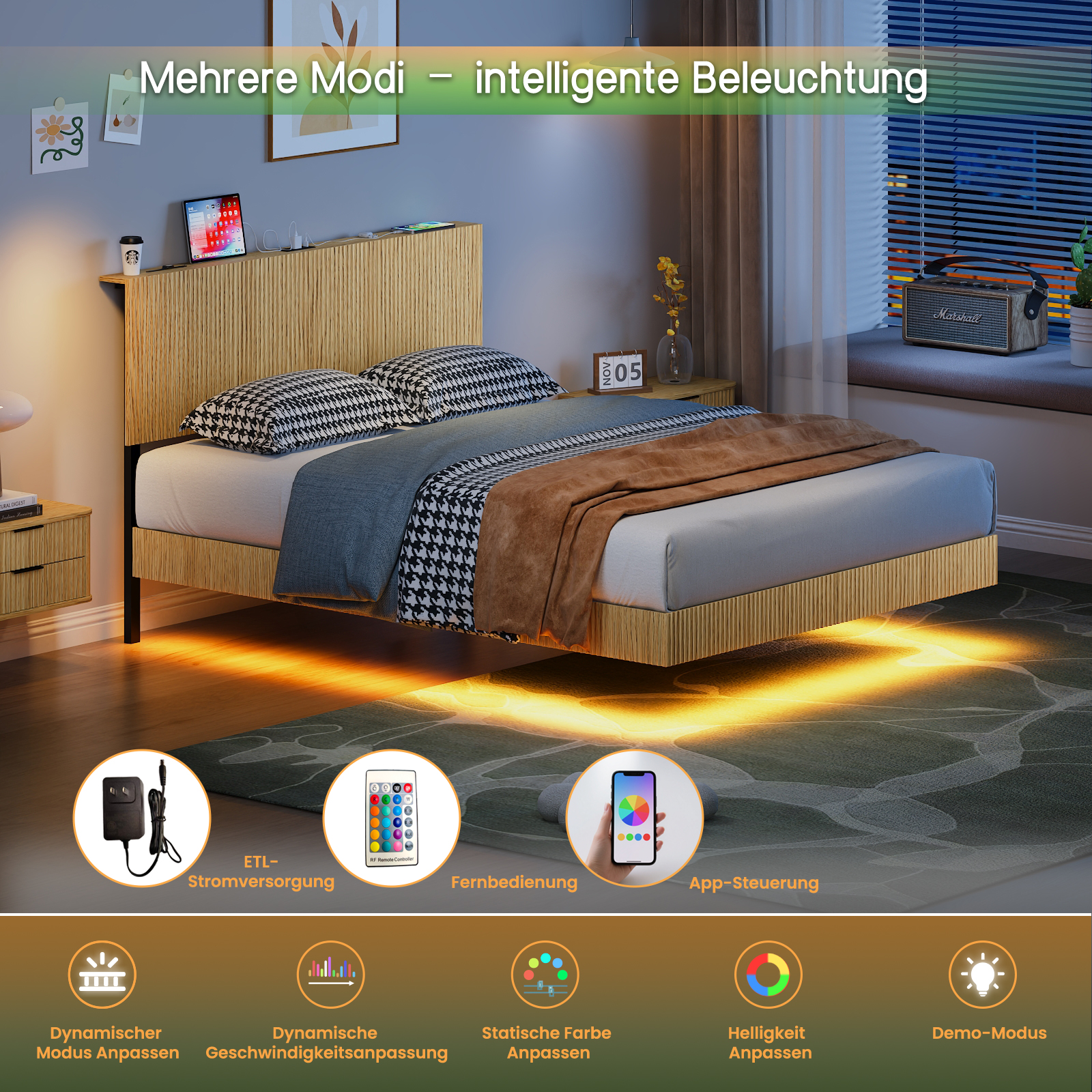 Lit design flottant avec tête de lit cannelé et prise intégrée USB, pieds cachés, nettoyage facile sous le lit, pour chambre moderne, recharge appareils au lit, look élégant et épuré, confort et technologie - image 10