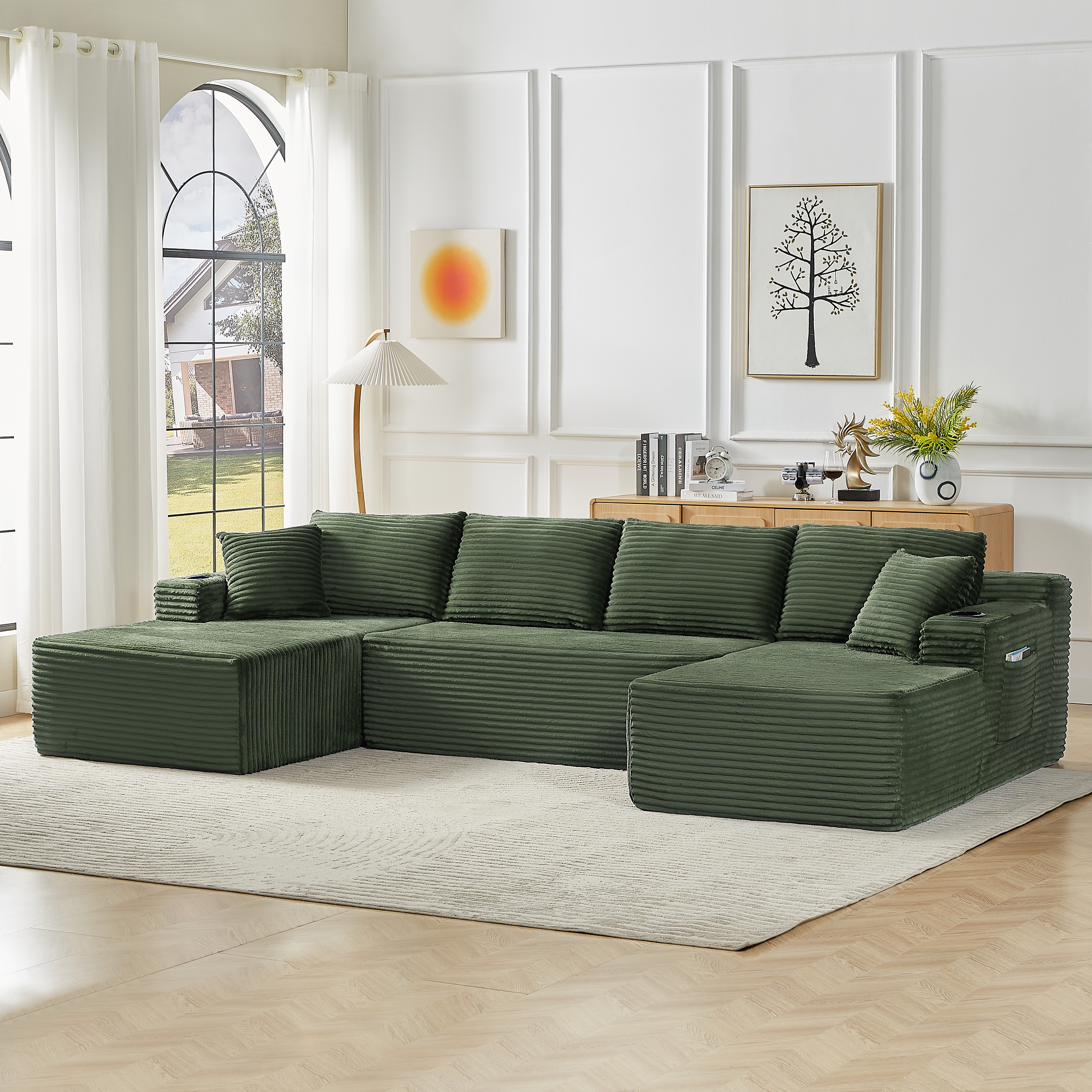 Canapé panoramique en U 6 places 339 x 158 x 82 cm, Velours côtelé, vert - vue principale 1