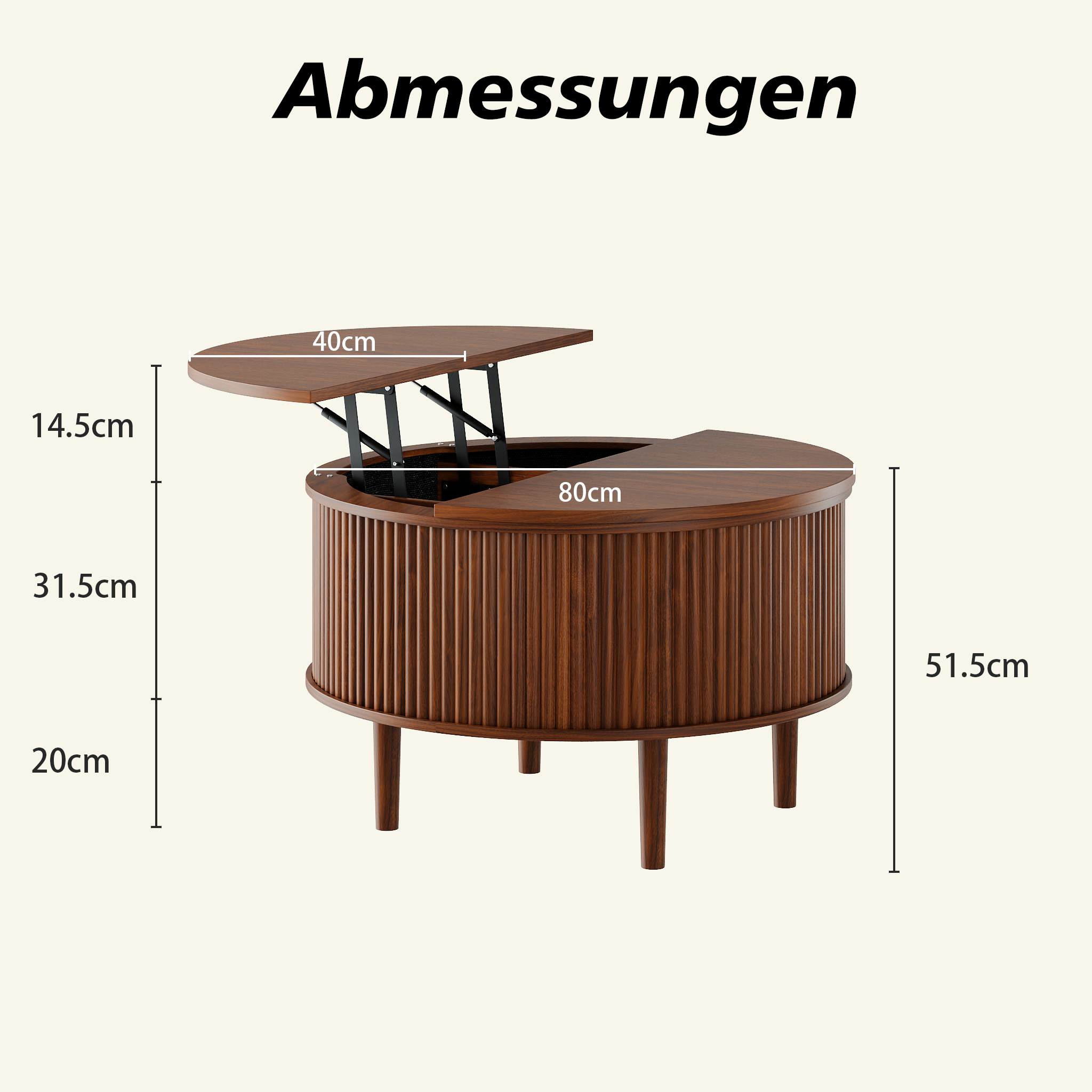 Détails du plateau relevable et coulissant de la table basse ronde brune