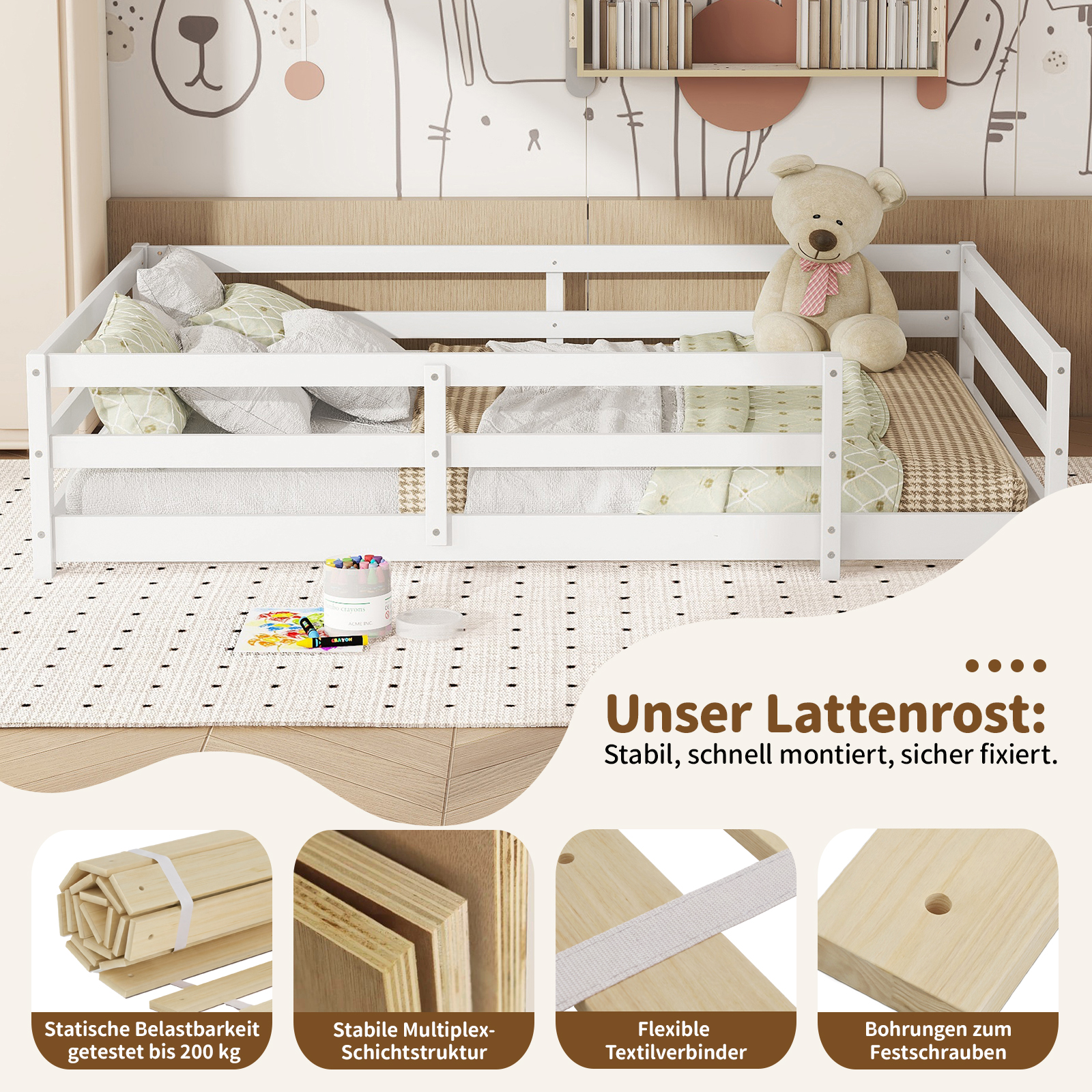 Montessori Bodenbett mit 4-Seiten-Gitter – Vollflä