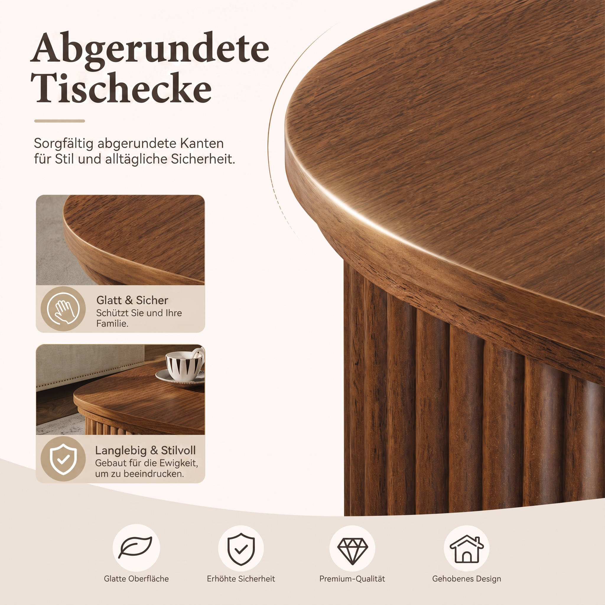 Détails du veinage effet bois et du design ondulé de la table basse 80 x 80 cm