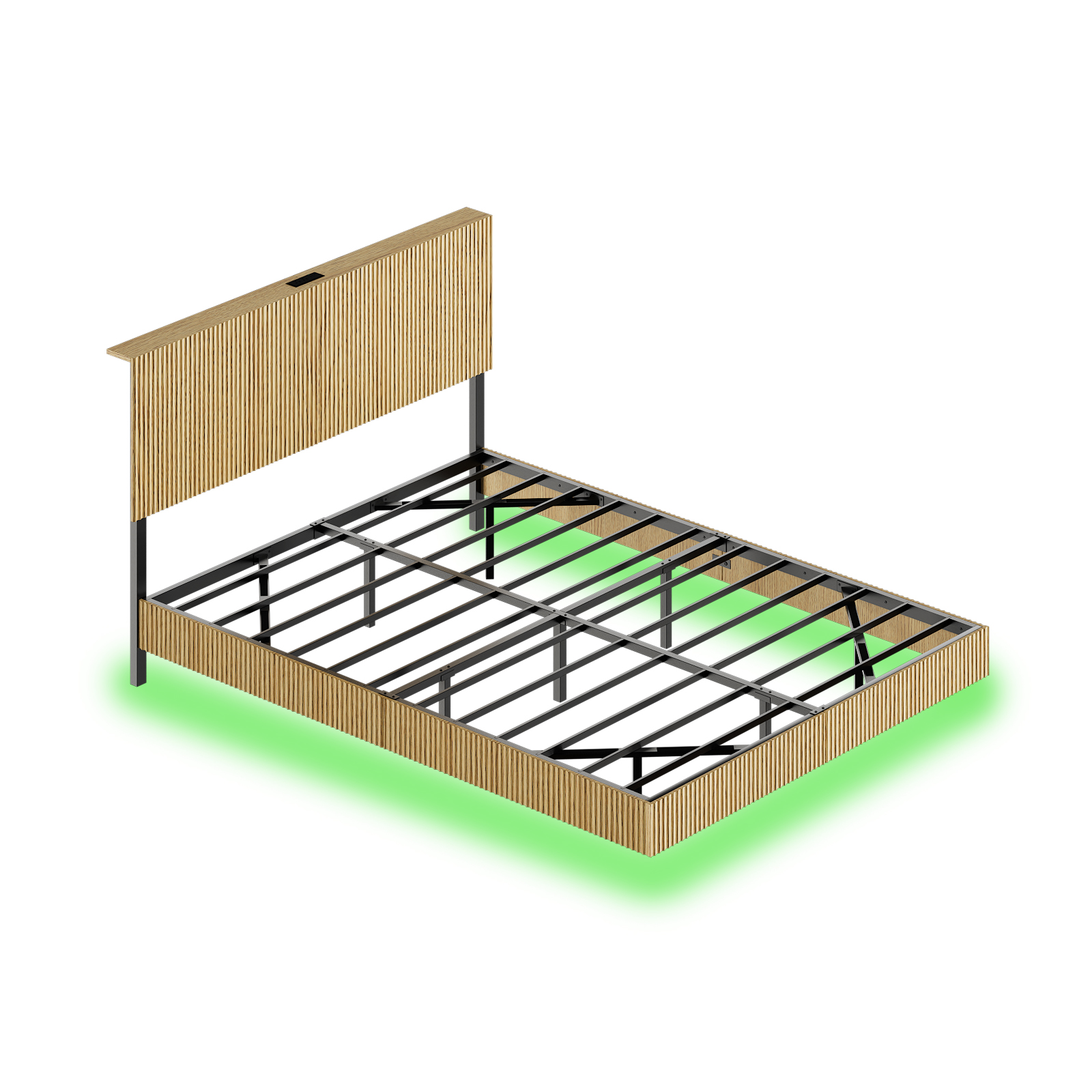 Lit design flottant avec tête de lit cannelé et prise intégrée USB, pieds cachés, nettoyage facile sous le lit, pour chambre moderne, recharge appareils au lit, look élégant et épuré, confort et technologie - image 8