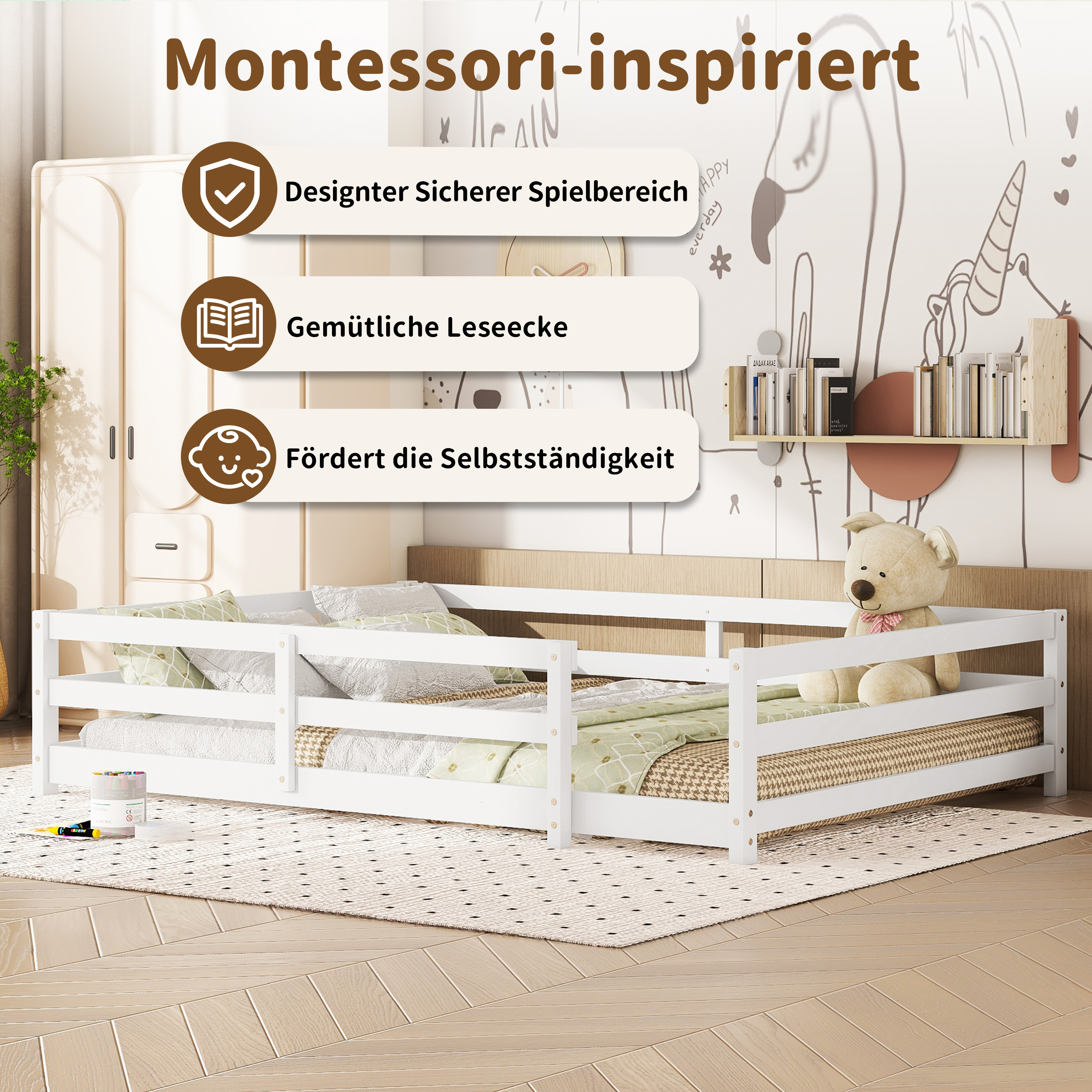 Montessori Bodenbett mit 4-Seiten-Gitter – Vollflä