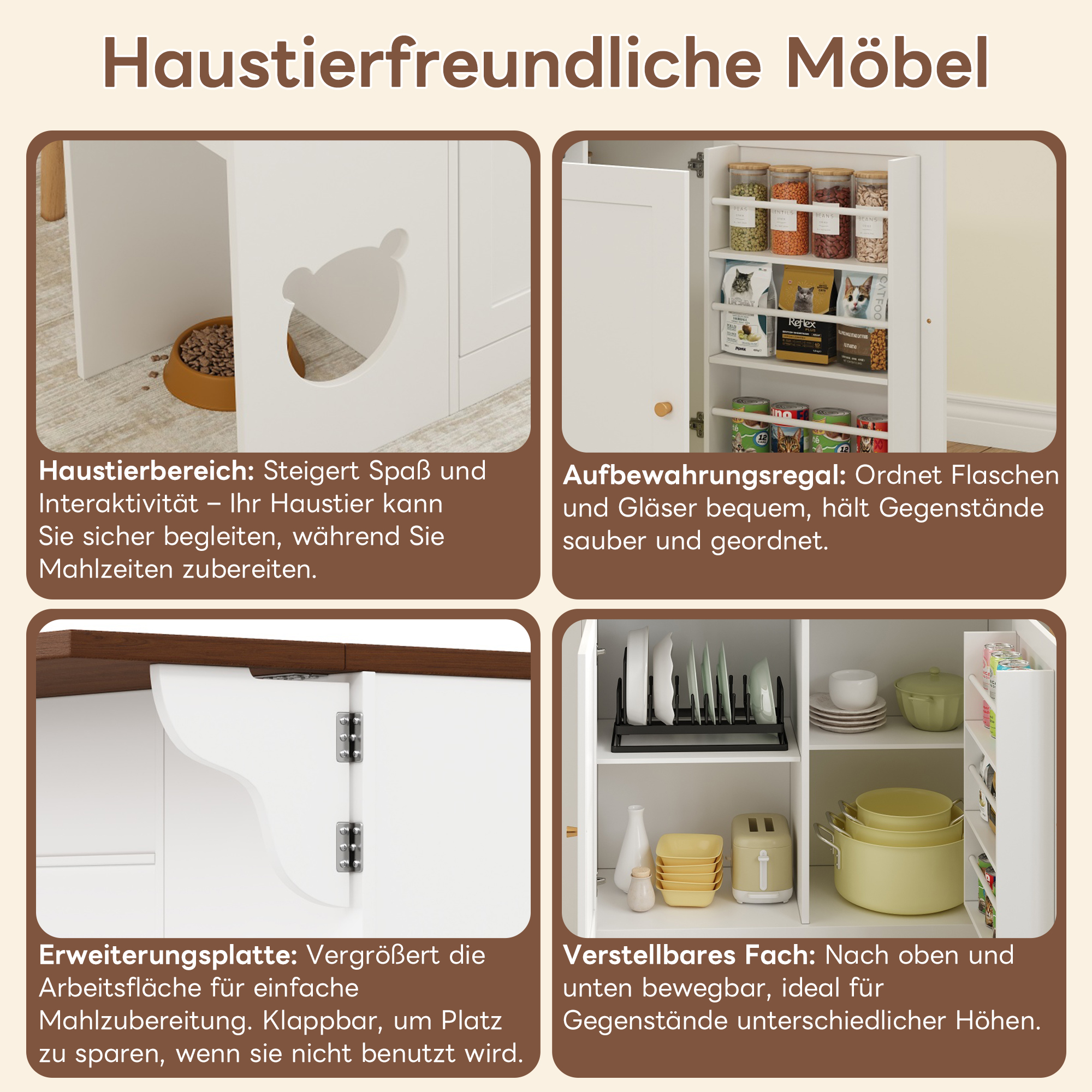 Buffet de cuisine multifonction avec espace interactif pour chat, étagères coulissantes, plan de travail extensible 40-70 cm, pour cuisine, organise épices et vaisselle, trou pour chat, espace repas chat, design créatif - image 4