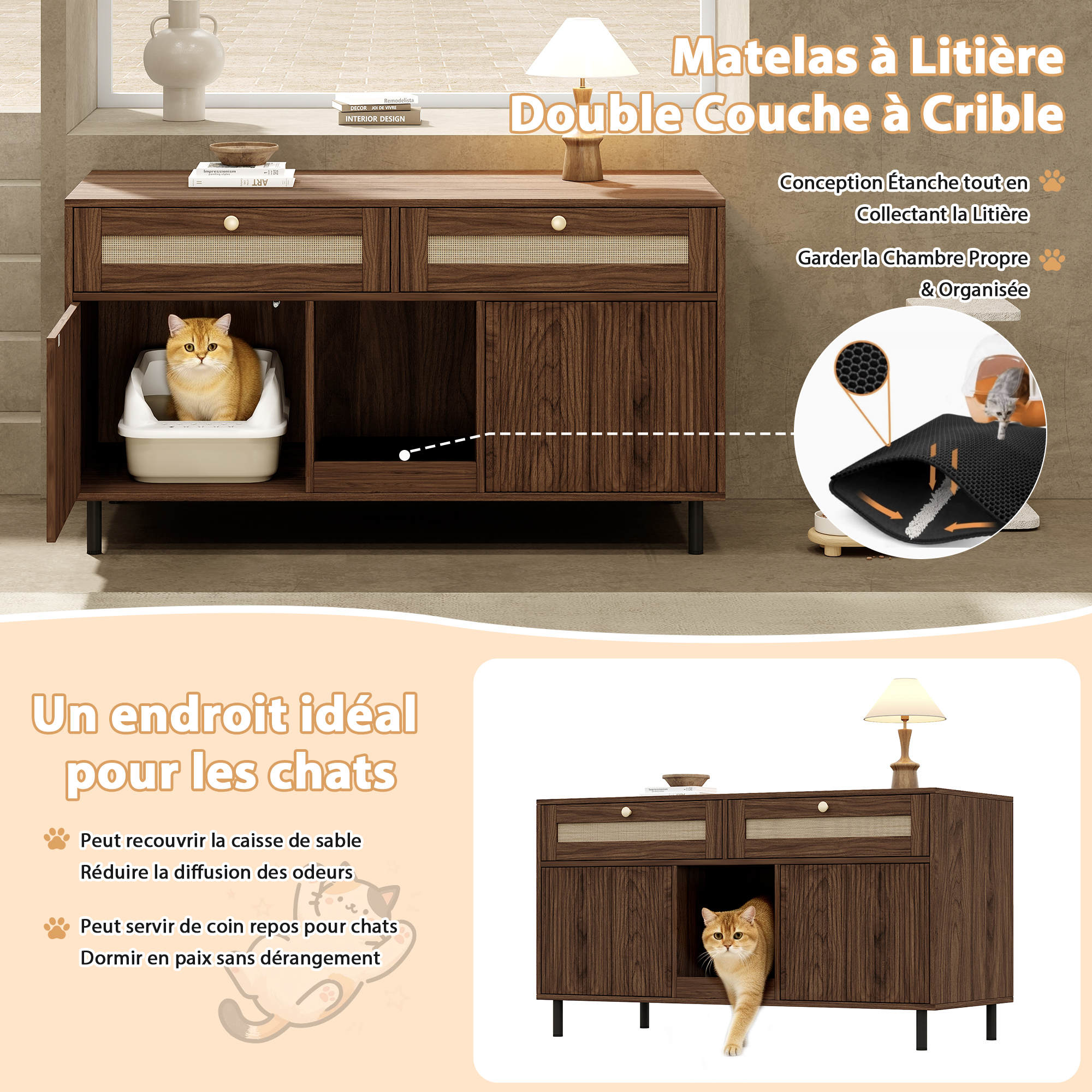Détail des tiroirs avec insert tressé rotin