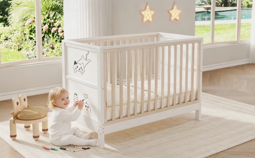 Lit bébé naturel blanc en pin massif