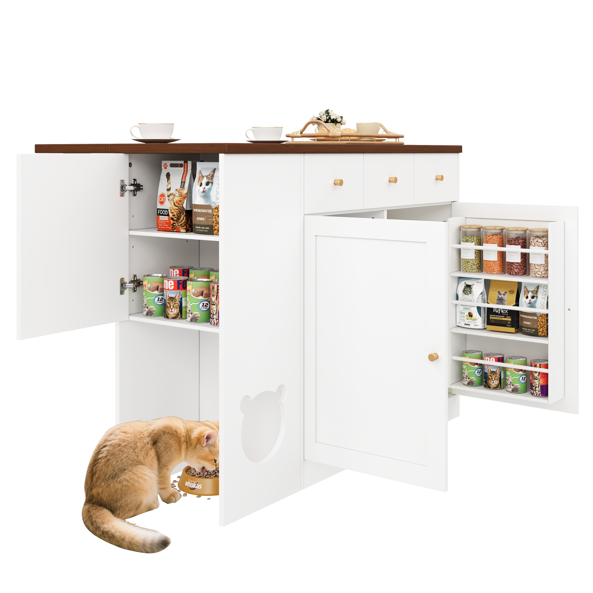 Buffet de cuisine multifonction avec espace interactif pour chat, étagères coulissantes, plan de travail extensible 40-70 cm, pour cuisine, organise épices et vaisselle, trou pour chat, espace repas chat, design créatif - image 10