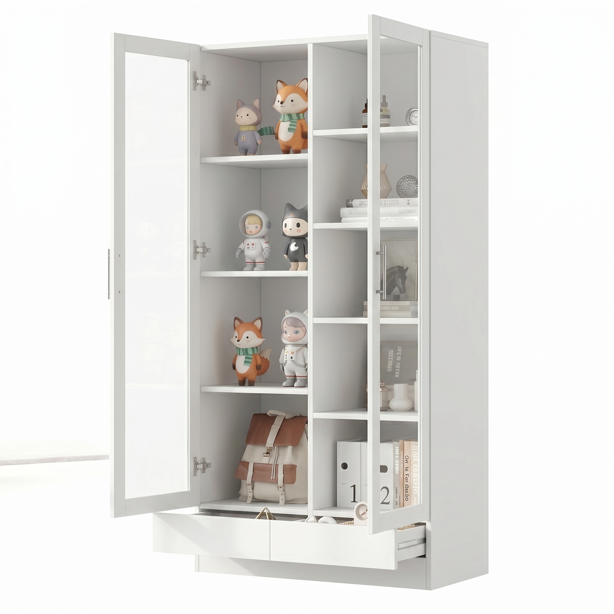 Vitrine blanche de rangement 80x40x160 cm avec verre et 2 tiroirs