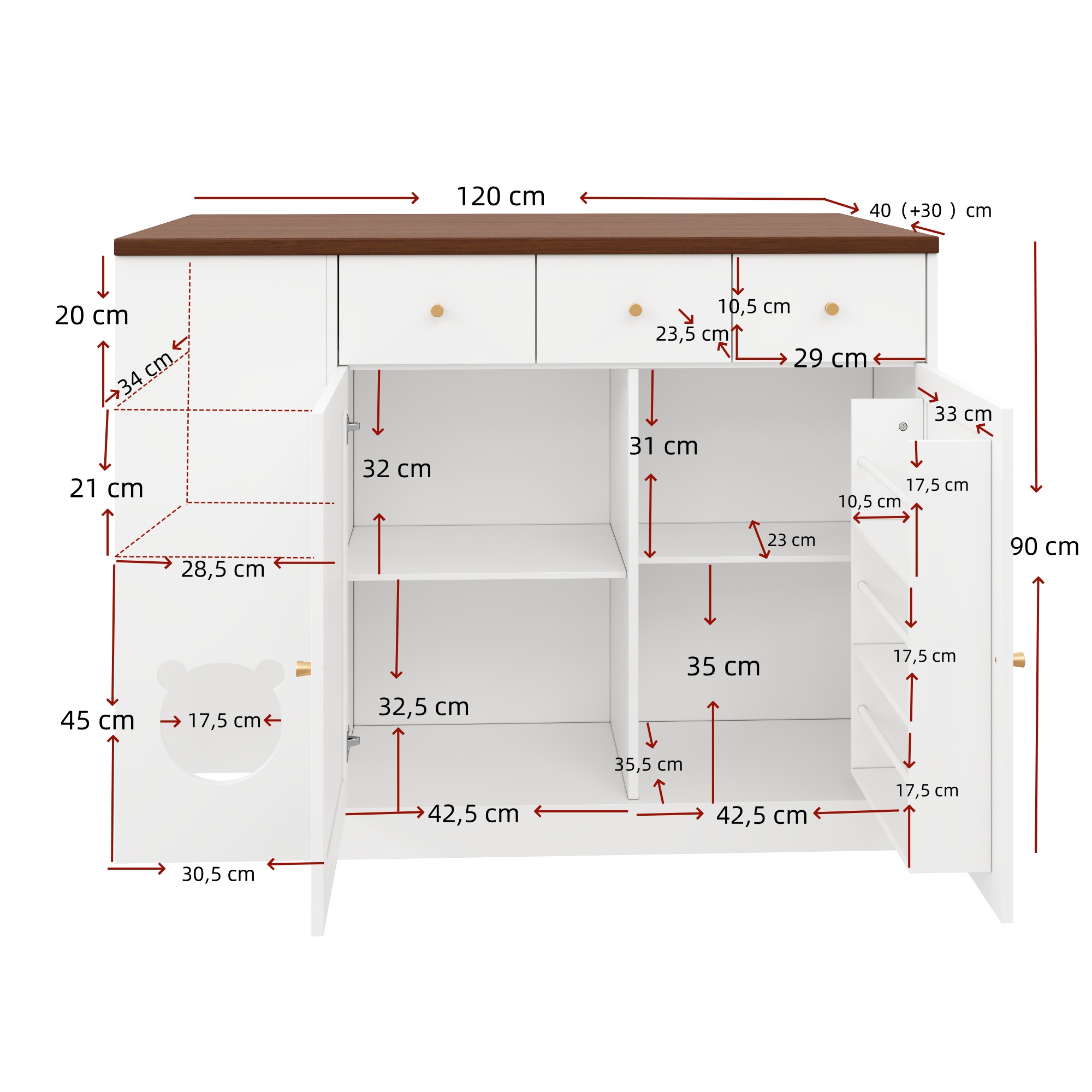 Buffet de cuisine multifonction avec espace interactif pour chat, étagères coulissantes, plan de travail extensible 40-70 cm, pour cuisine, organise épices et vaisselle, trou pour chat, espace repas chat, design créatif - image 9