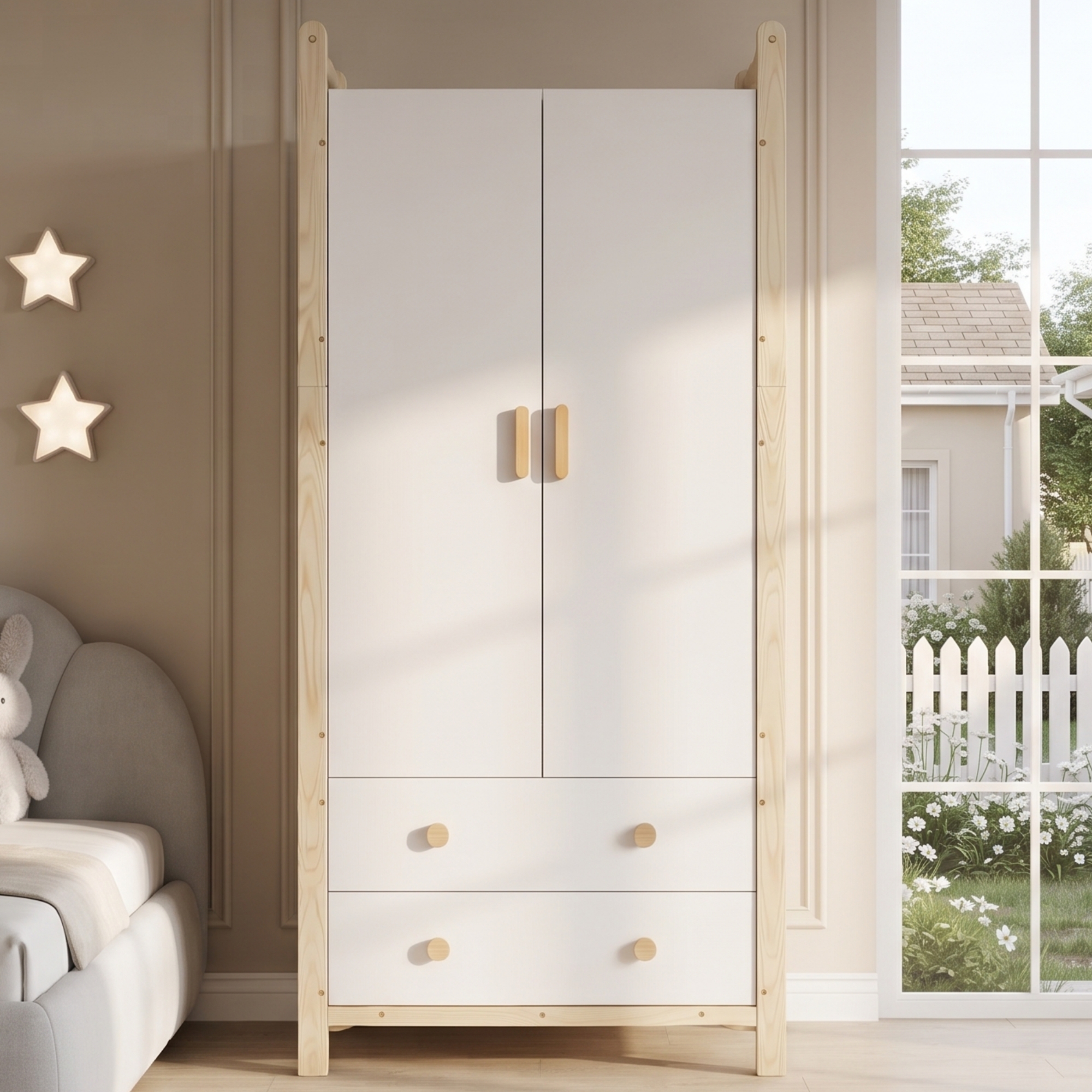 Armoire blanche encadrée de pin