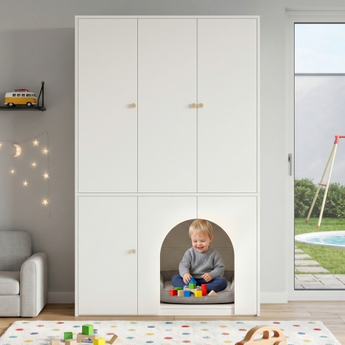 Armoire blanche avec rangements et espace inférieur pour animal
