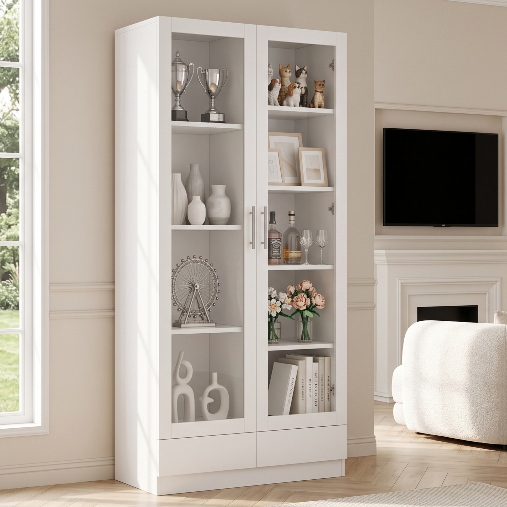 Vitrine blanche de rangement 80x40x160 cm avec verre et 2 tiroirs