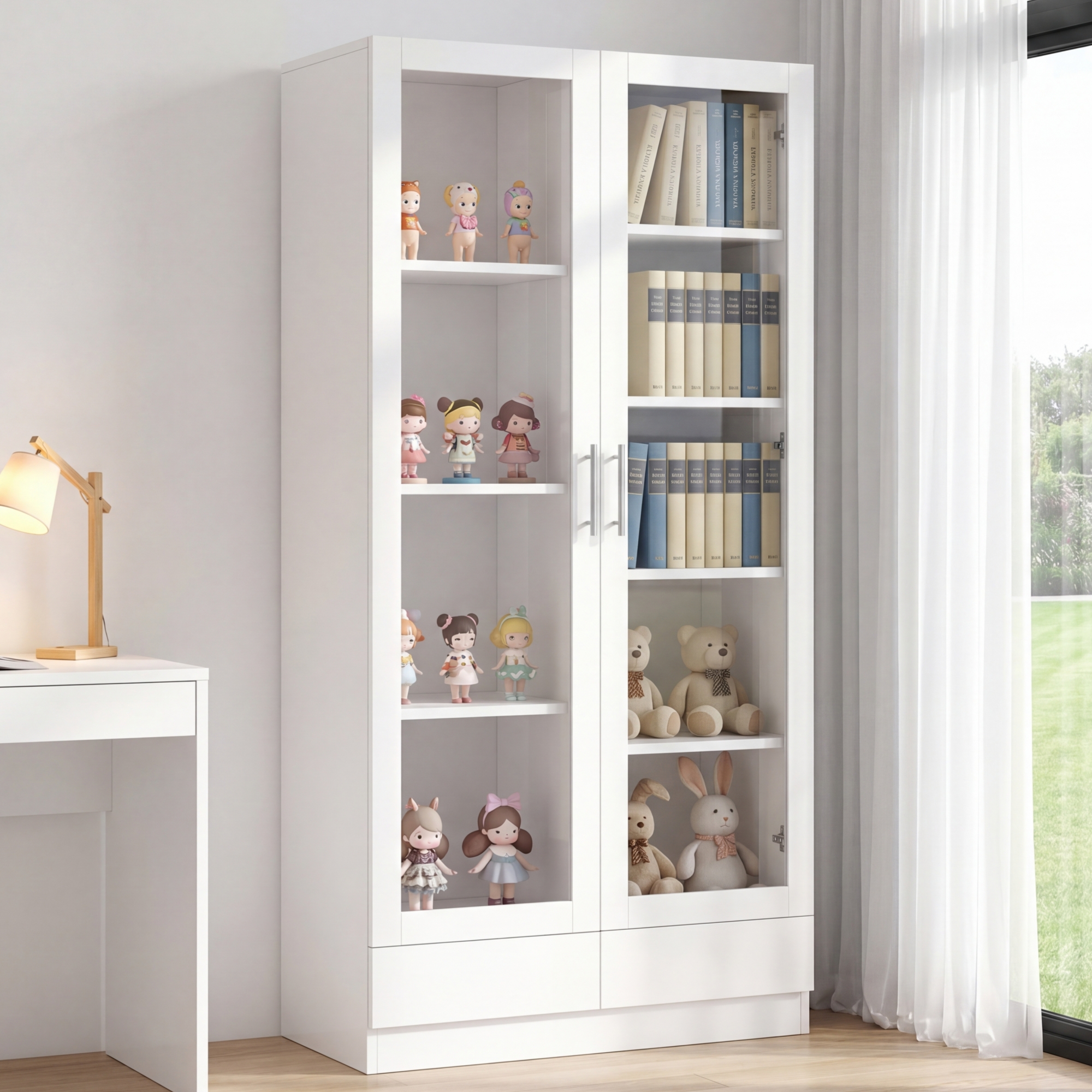 Vitrine blanche de rangement 80x40x160 cm avec verre et 2 tiroirs