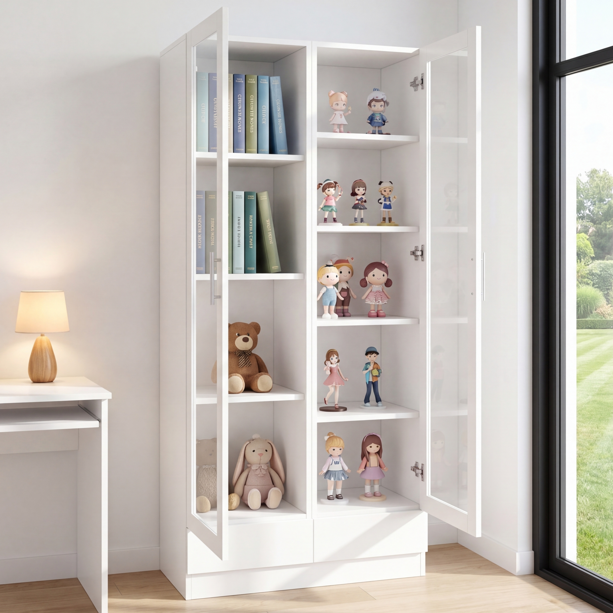 Vitrine blanche de rangement 80x40x160 cm avec verre et 2 tiroirs