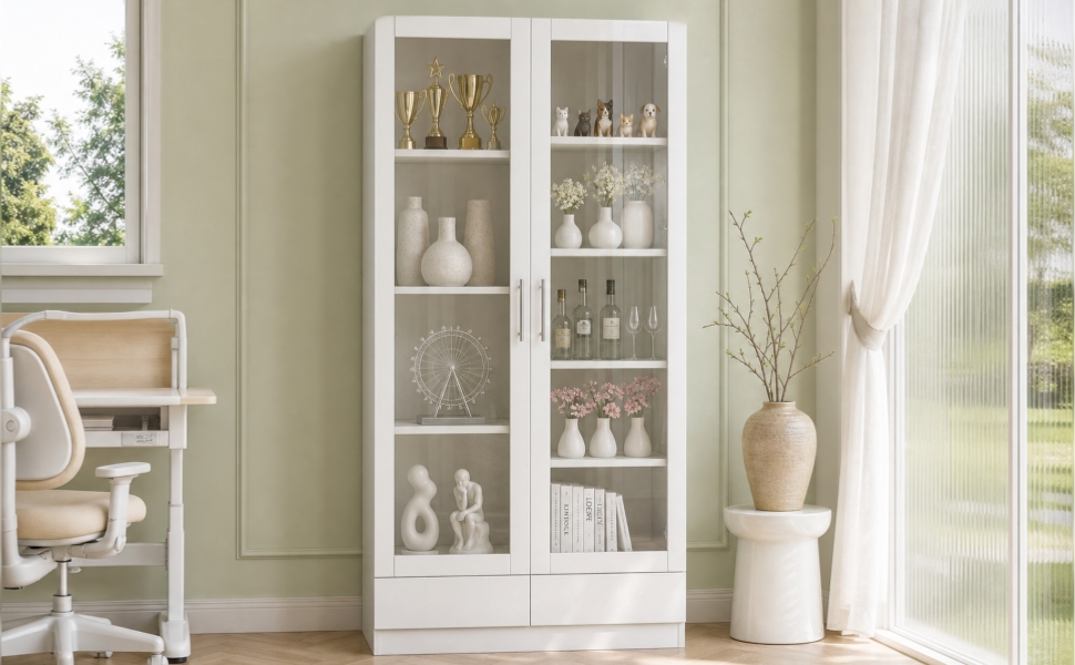 Vitrine blanche de rangement 80x40x160 cm avec verre et 2 tiroirs