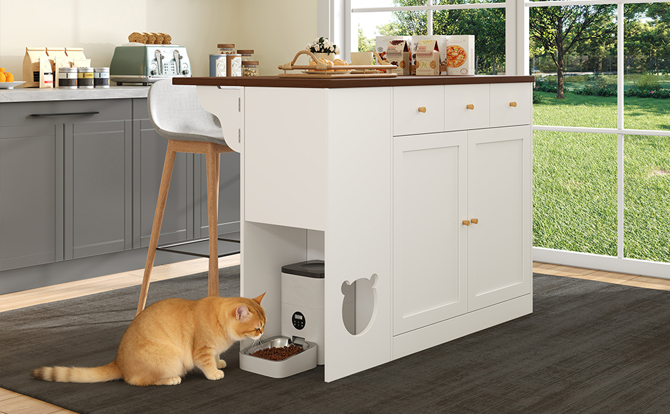 Buffet de cuisine multifonction avec espace interactif pour chat, étagères coulissantes, plan de travail extensible 40-70 cm, pour cuisine, organise épices et vaisselle, trou pour chat, espace repas chat, design créatif - image 16