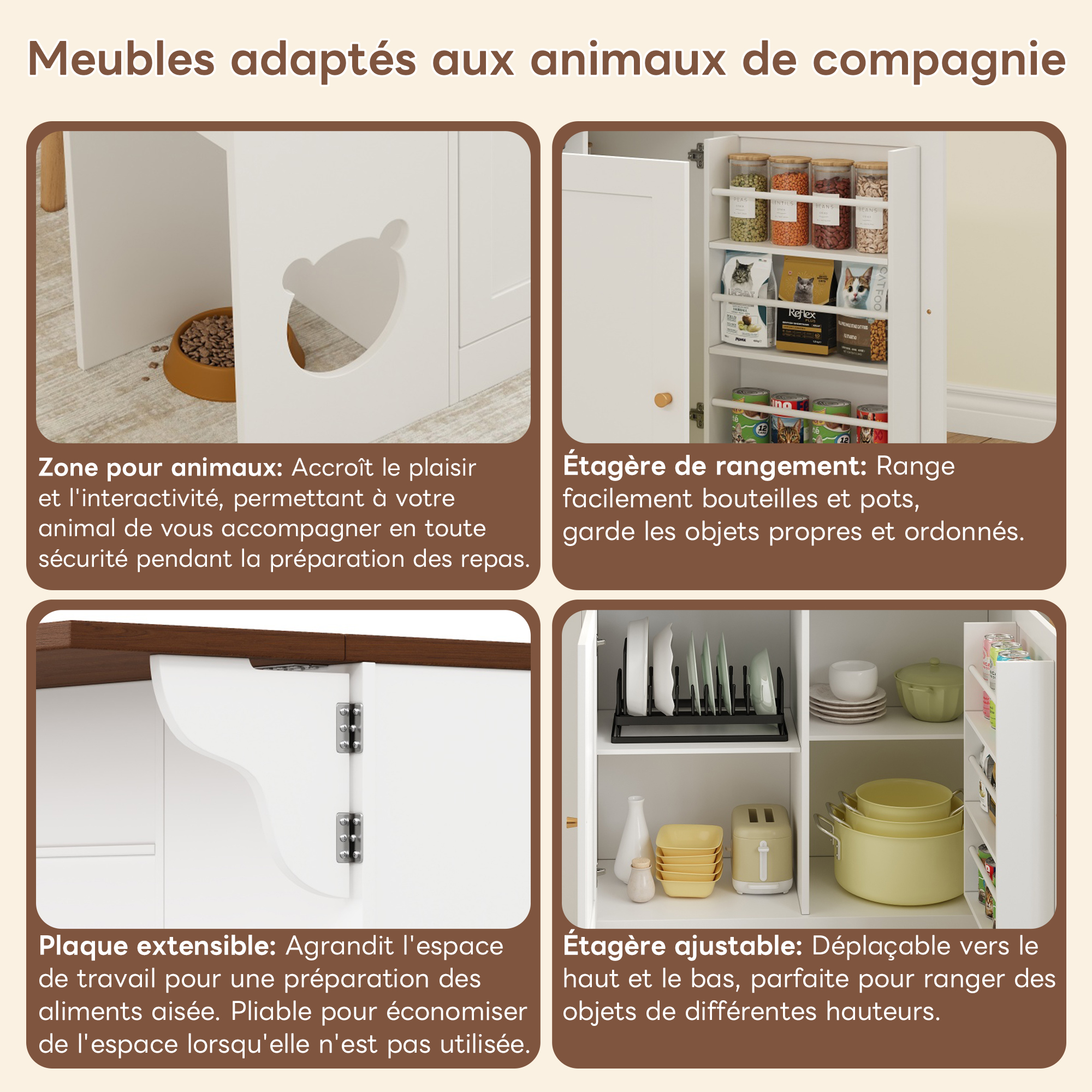 Buffet de cuisine multifonction avec espace interactif pour chat, étagères coulissantes, plan de travail extensible 40-70 cm, pour cuisine, organise épices et vaisselle, trou pour chat, espace repas chat, design créatif - image 13