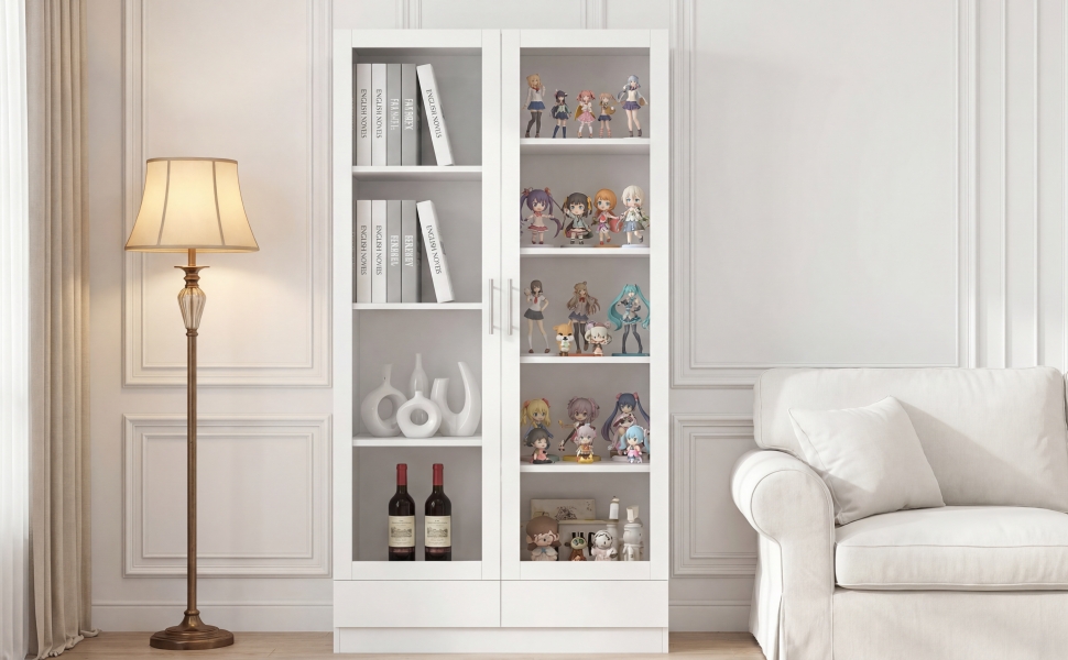 Vitrine blanche de rangement 80x40x160 cm avec verre et 2 tiroirs