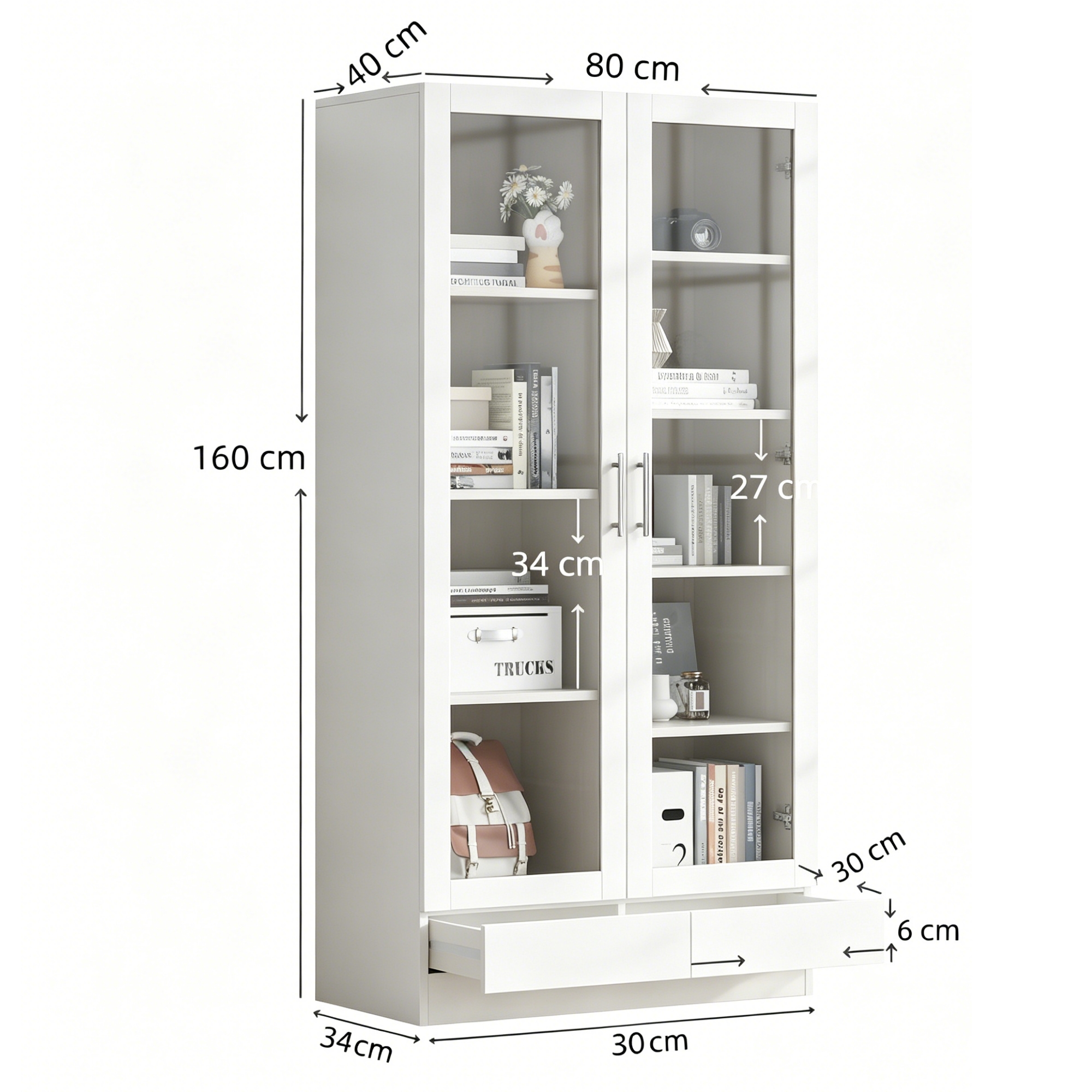 Vitrine blanche de rangement 80x40x160 cm avec verre et 2 tiroirs