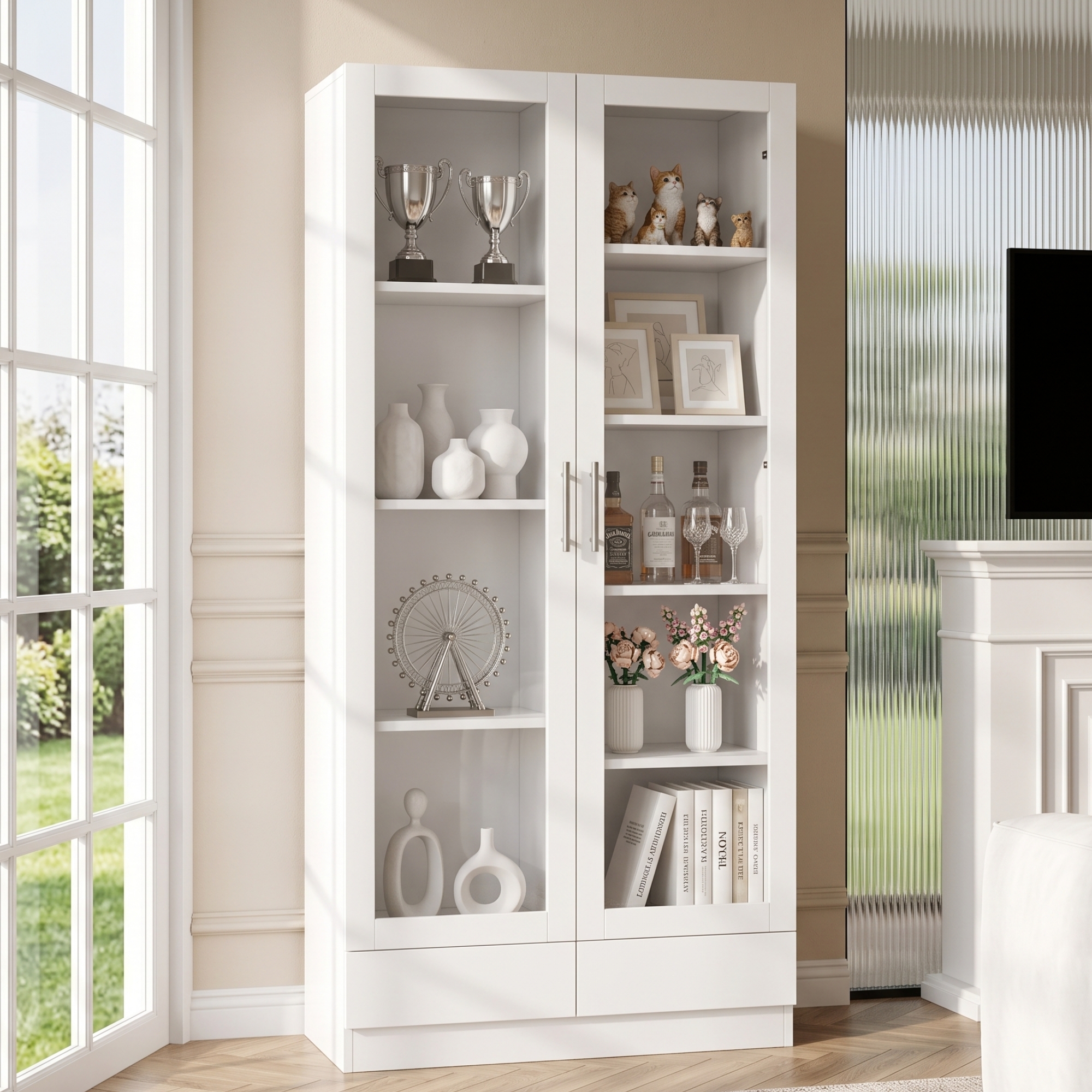 Vitrine blanche de rangement 80x40x160 cm avec verre et 2 tiroirs