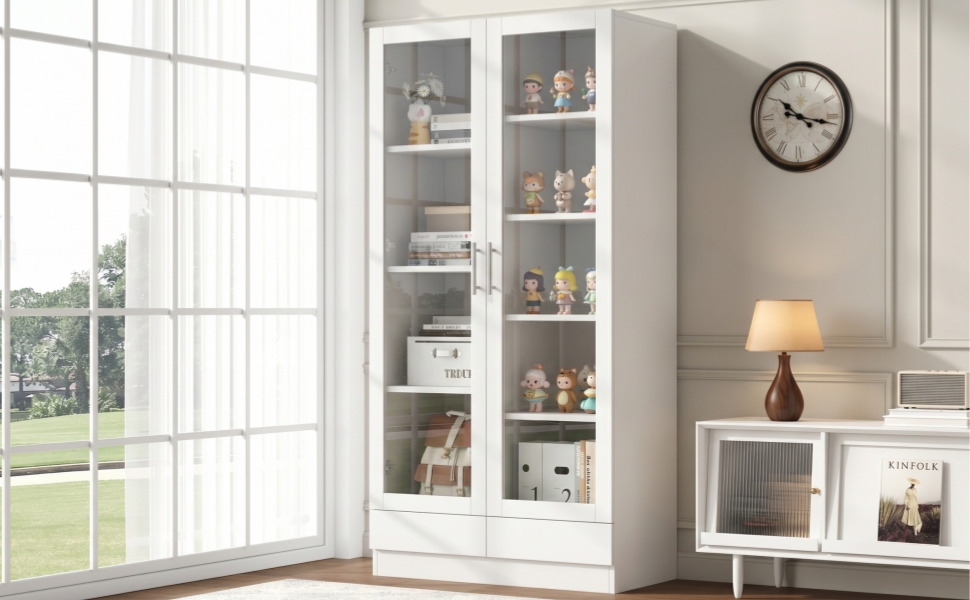 Vitrine blanche de rangement 80x40x160 cm avec verre et 2 tiroirs