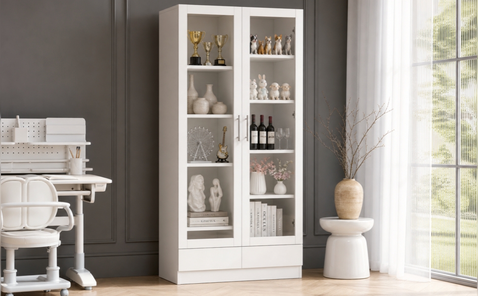Vitrine blanche de rangement 80x40x160 cm avec verre et 2 tiroirs
