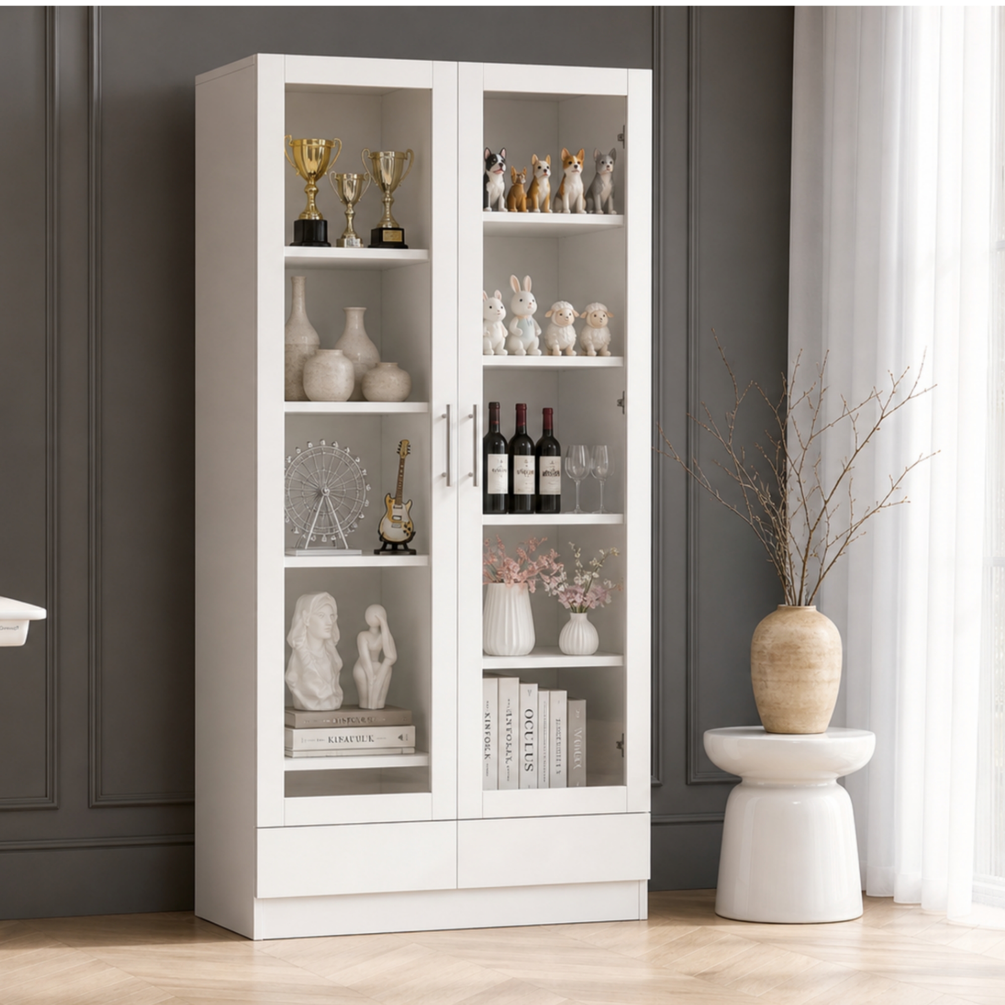 Vitrine blanche de rangement 80x40x160 cm avec verre et 2 tiroirs