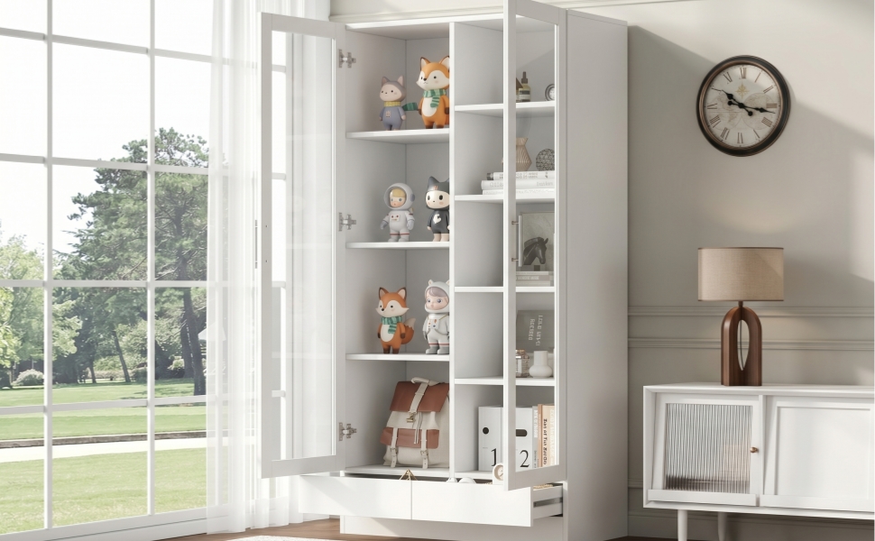 Vitrine blanche de rangement 80x40x160 cm avec verre et 2 tiroirs
