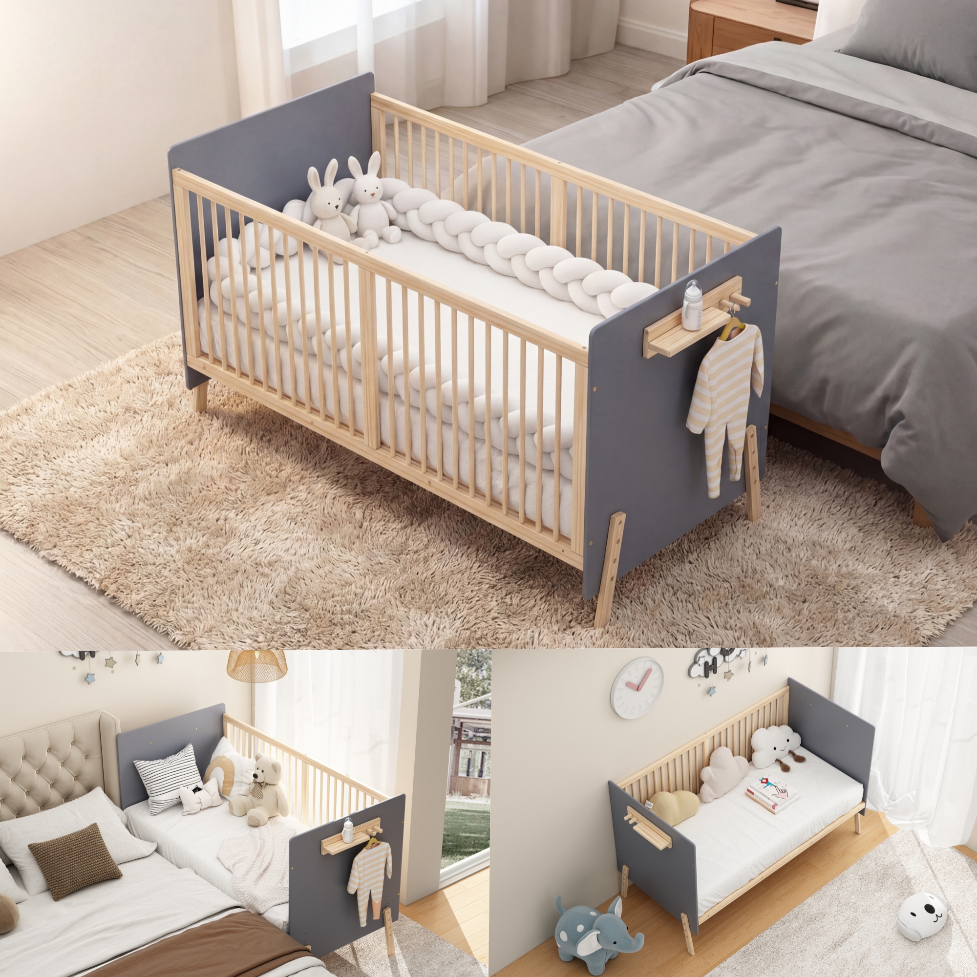 Massivholz Babybett, Verstellbares Kinderbett mit 