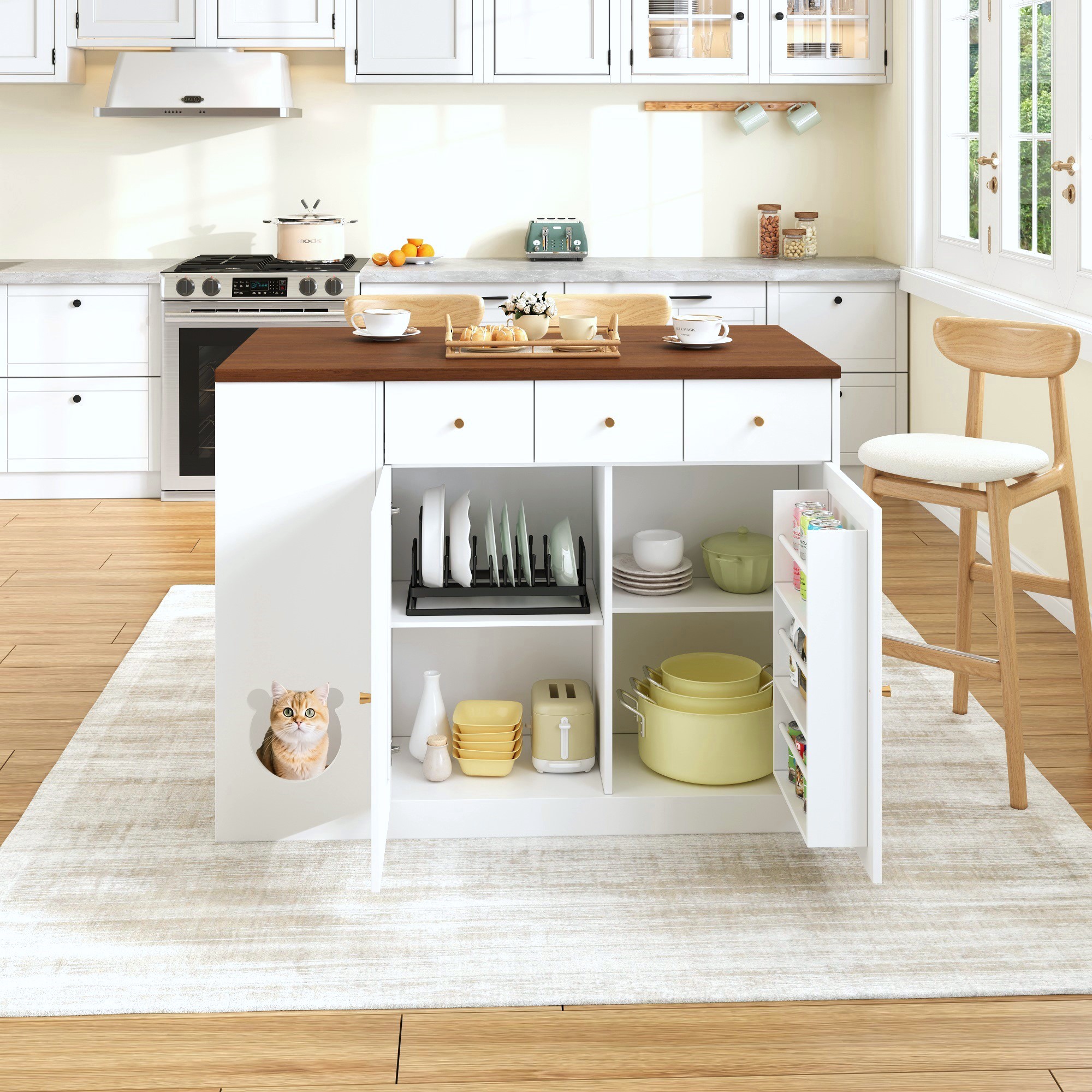 Buffet de cuisine multifonction avec espace interactif pour chat, étagères coulissantes, plan de travail extensible 40-70 cm, pour cuisine, organise épices et vaisselle, trou pour chat, espace repas chat, design créatif - image 6