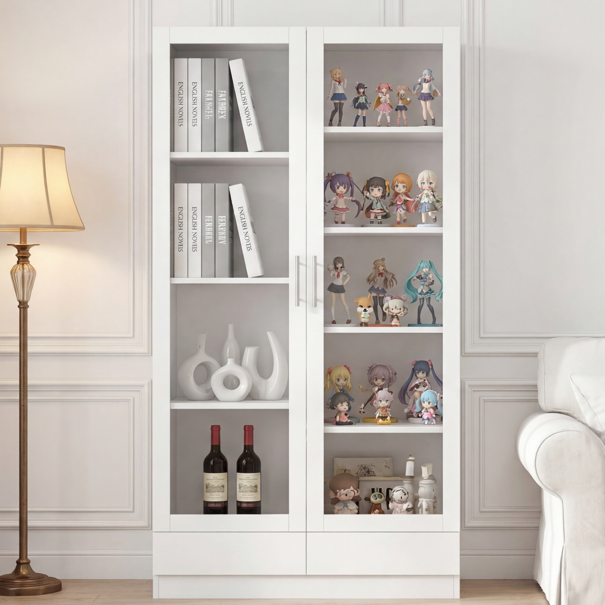 Vitrine blanche de rangement 80x40x160 cm avec verre et 2 tiroirs