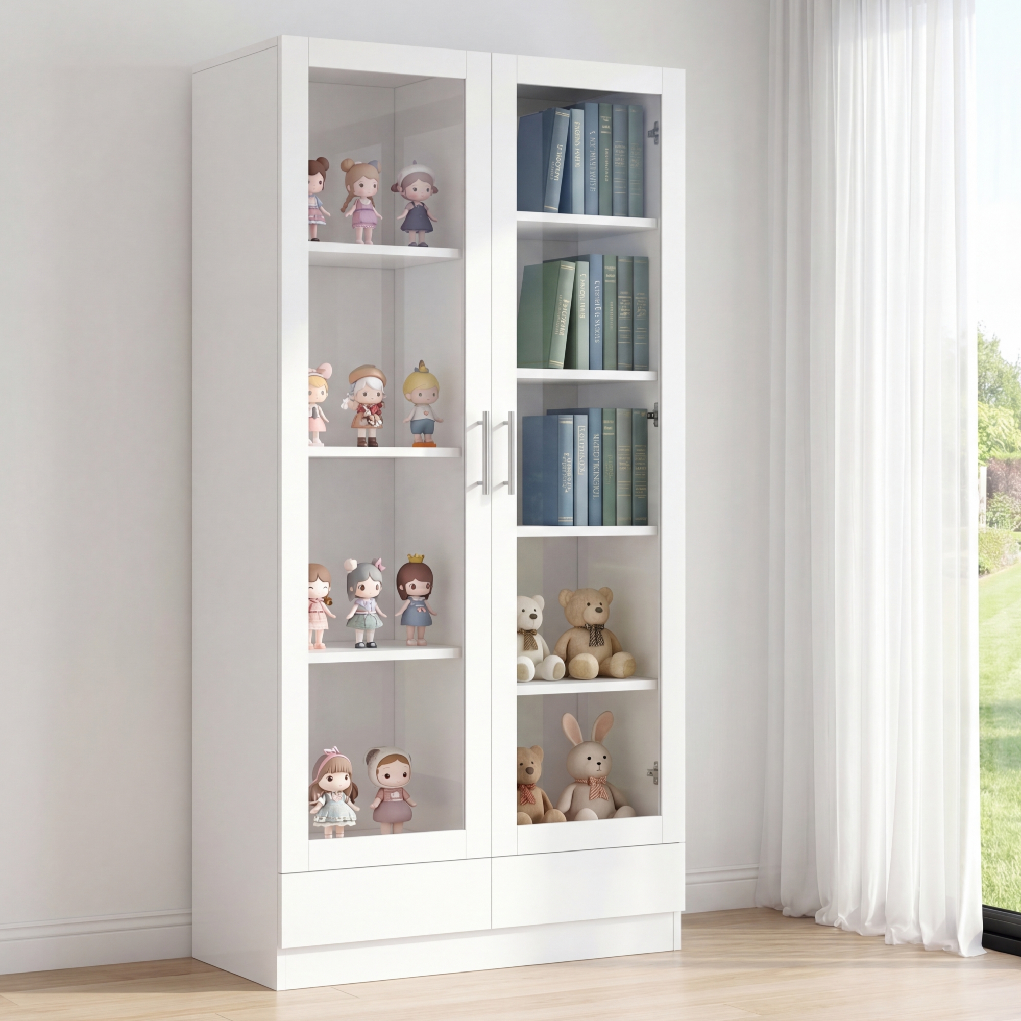 Vitrine blanche de rangement 80x40x160 cm avec verre et 2 tiroirs