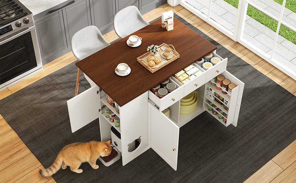 Buffet de cuisine multifonction avec espace interactif pour chat, étagères coulissantes, plan de travail extensible 40-70 cm, pour cuisine, organise épices et vaisselle, trou pour chat, espace repas chat, design créatif - image 15