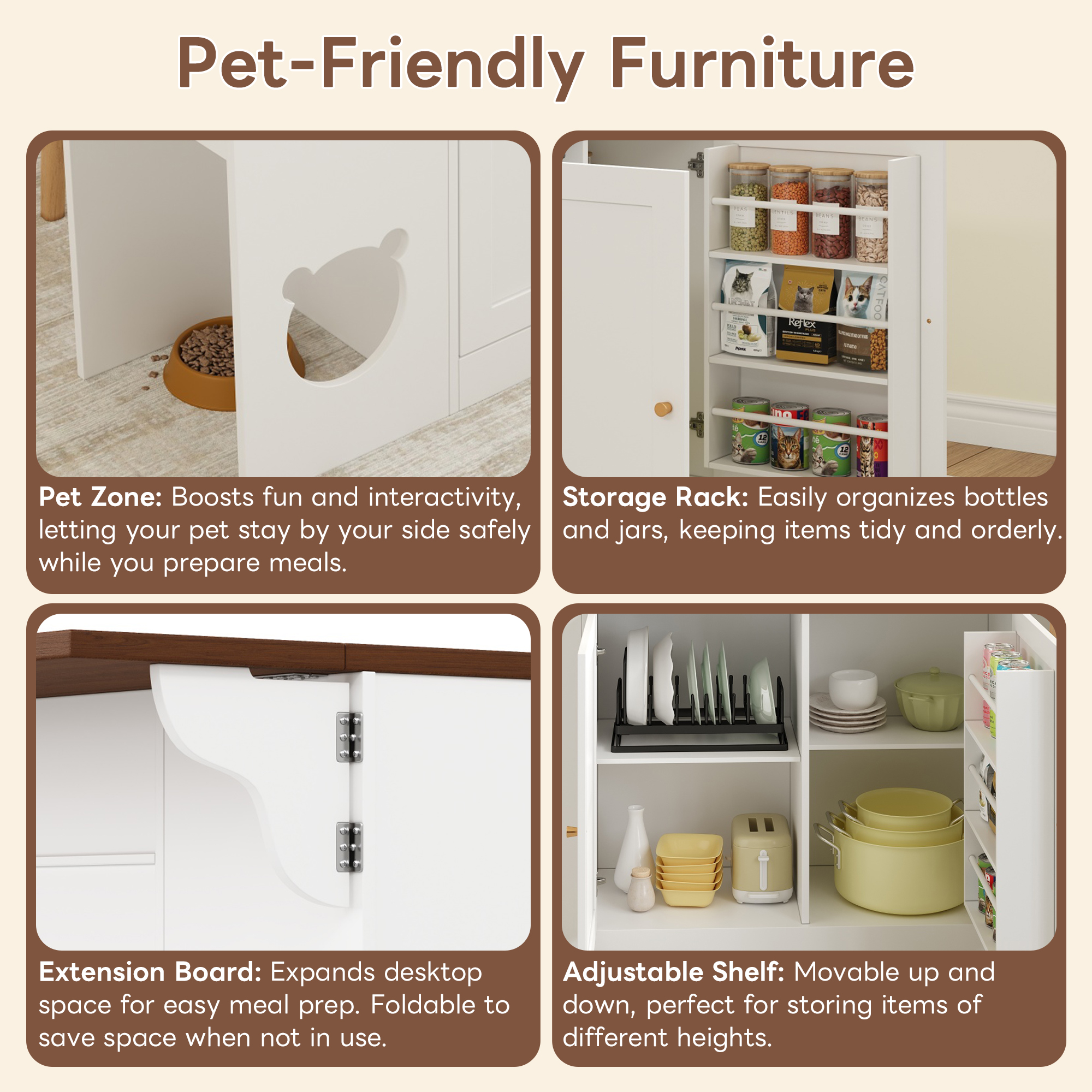 Buffet de cuisine multifonction avec espace interactif pour chat, étagères coulissantes, plan de travail extensible 40-70 cm, pour cuisine, organise épices et vaisselle, trou pour chat, espace repas chat, design créatif - image 14