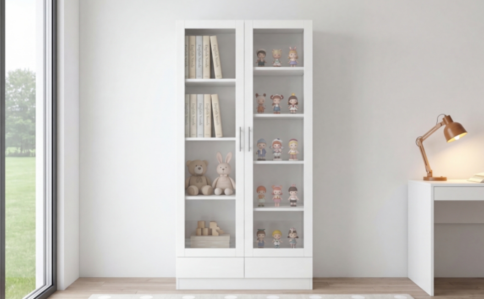 Vitrine blanche de rangement 80x40x160 cm avec verre et 2 tiroirs