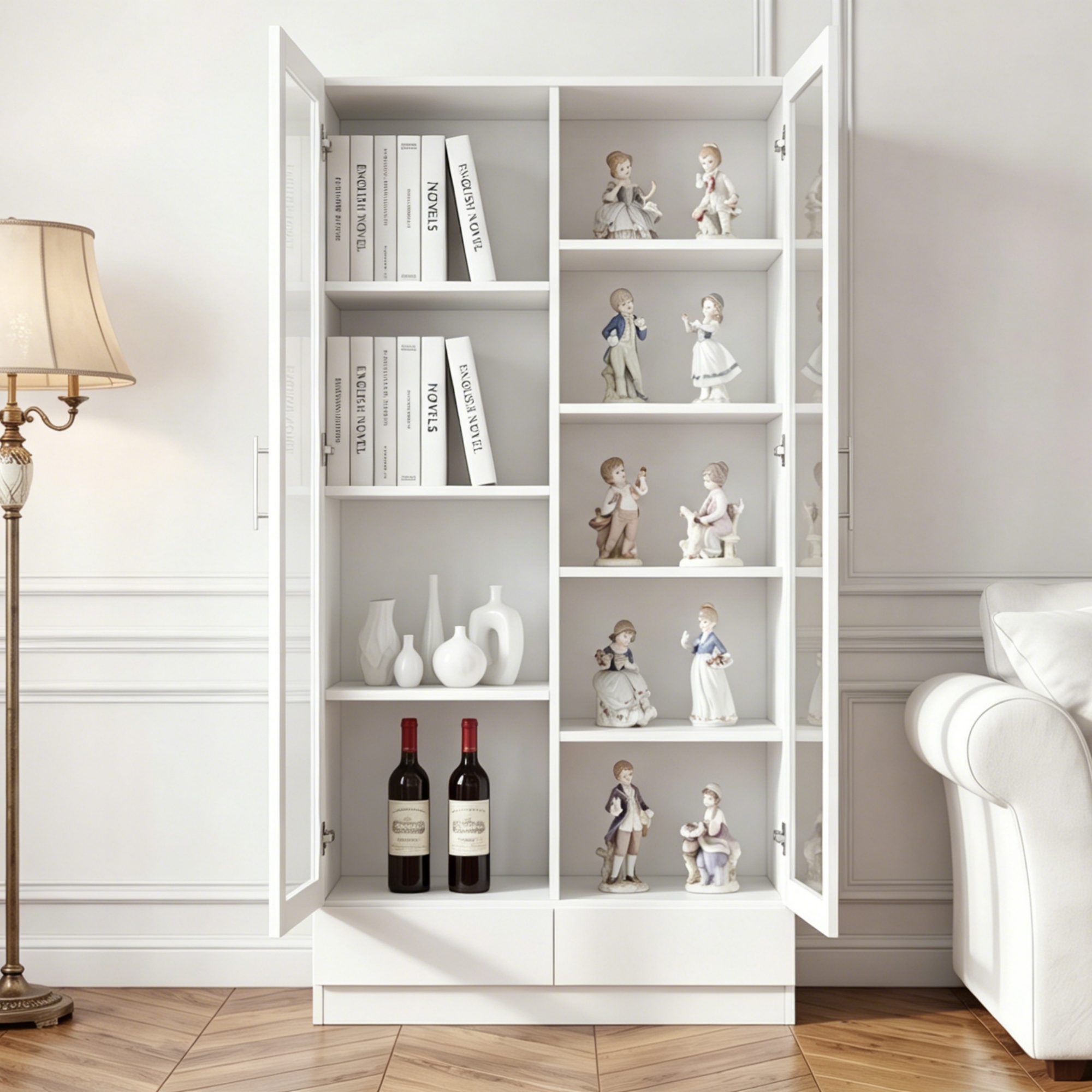 Vitrine blanche de rangement 80x40x160 cm avec verre et 2 tiroirs