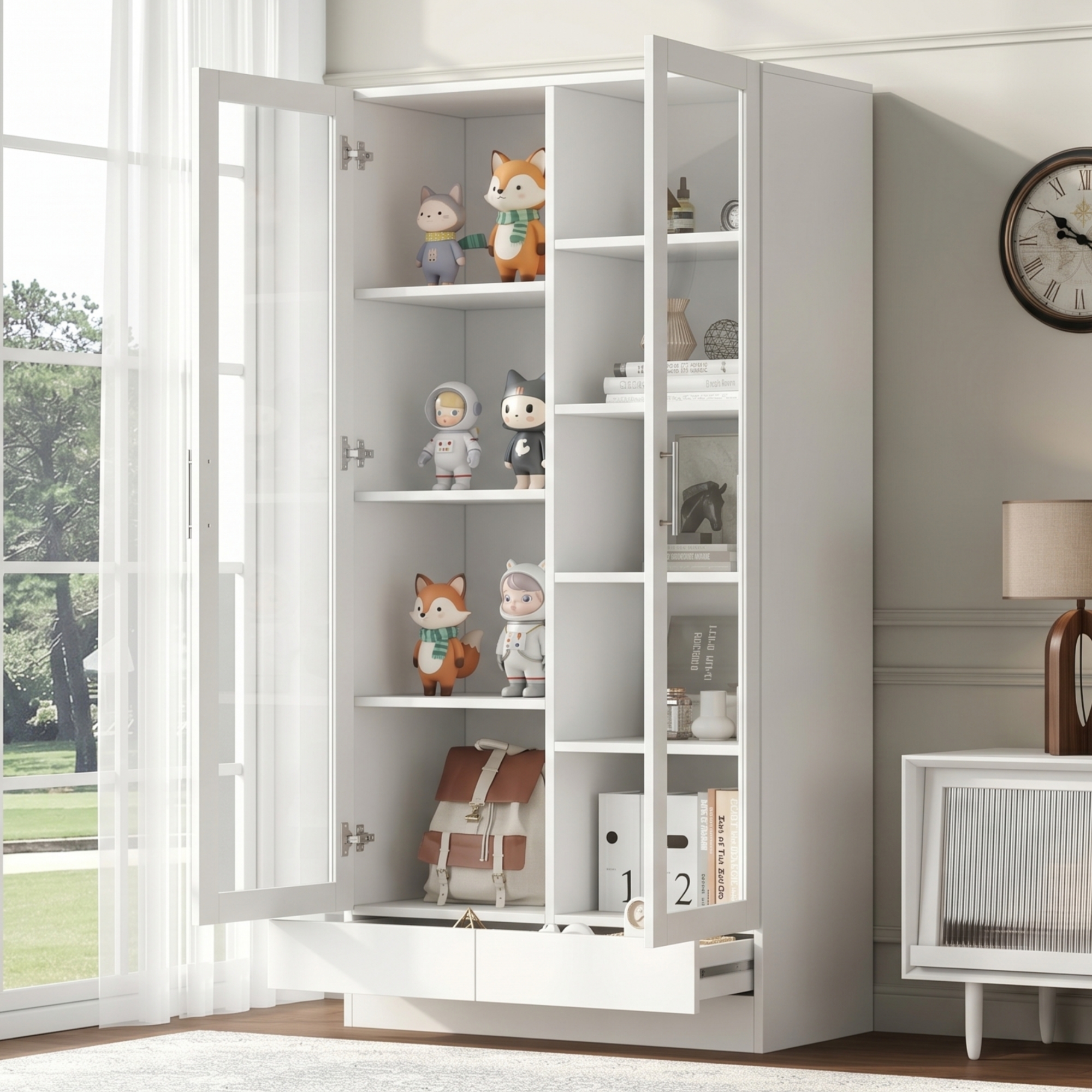 Vitrine blanche de rangement 80x40x160 cm avec verre et 2 tiroirs