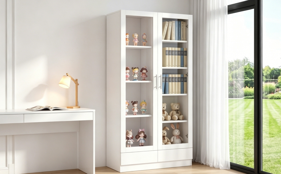 Vitrine blanche de rangement 80x40x160 cm avec verre et 2 tiroirs