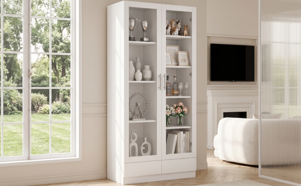 Vitrine blanche de rangement 80x40x160 cm avec verre et 2 tiroirs