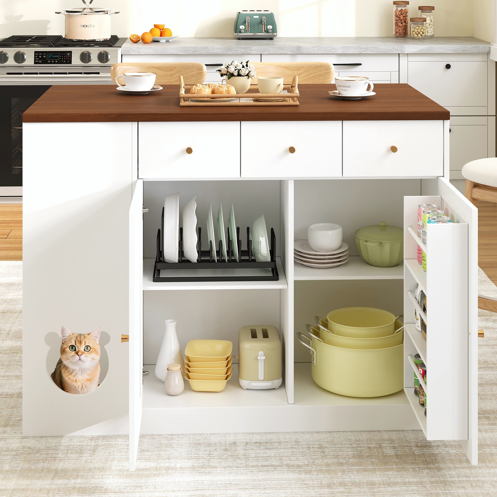 Buffet de cuisine multifonction avec espace interactif pour chat, étagères coulissantes, plan de travail extensible 40-70 cm, pour cuisine, organise épices et vaisselle, trou pour chat, espace repas chat, design créatif - image 7