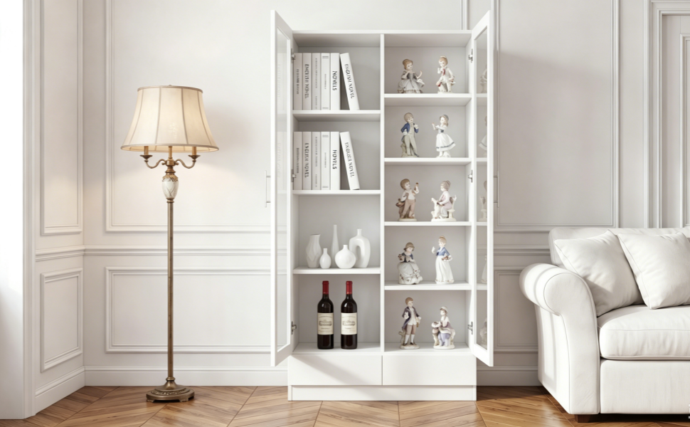 Vitrine blanche de rangement 80x40x160 cm avec verre et 2 tiroirs