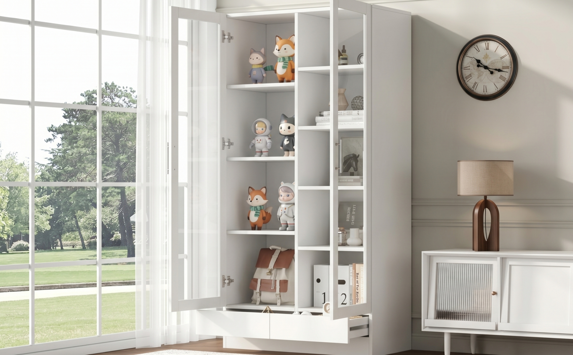 Vitrine blanche de rangement 80x40x160 cm avec verre et 2 tiroirs