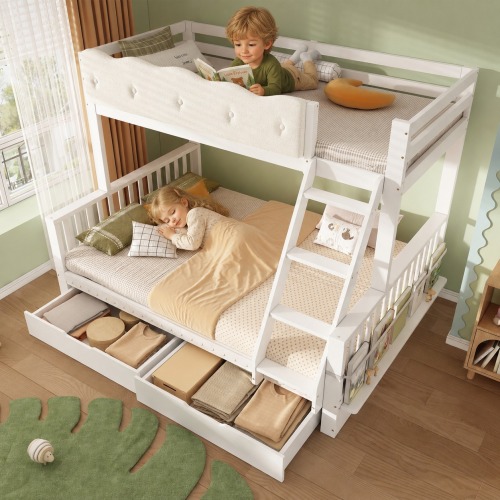 Lit superposé enfant blanc style jardin avec tiroirs