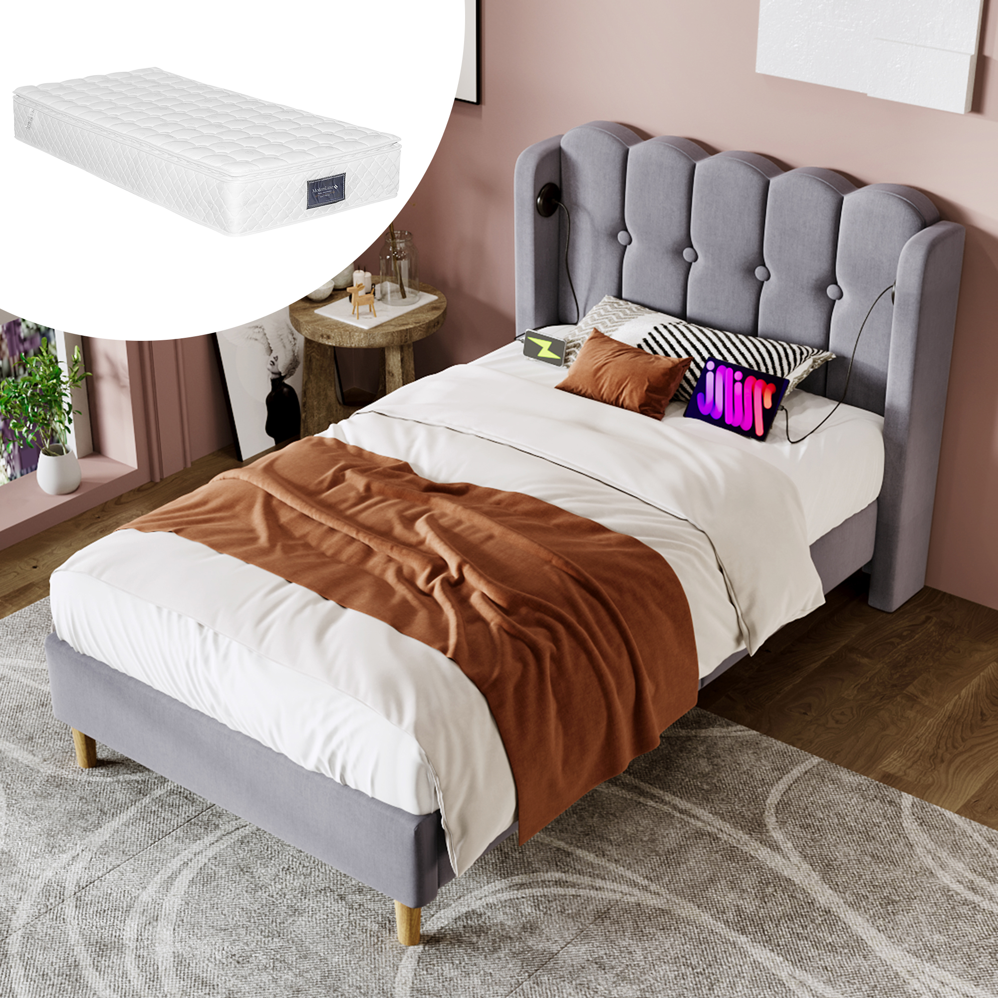 Polsterbett  Einzelbett mit USB Typ C Ladefunktion