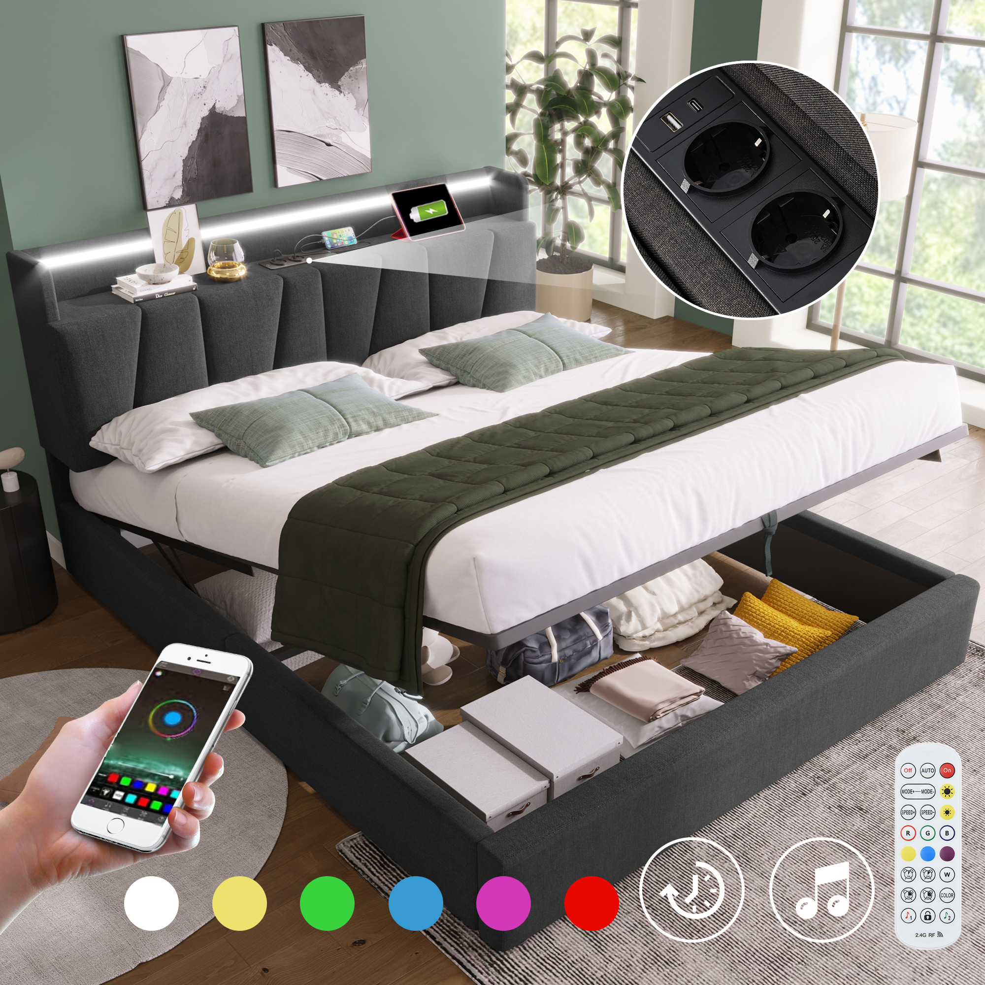 Polsterbett Doppelbett mit aufladen USB Ladefunkti