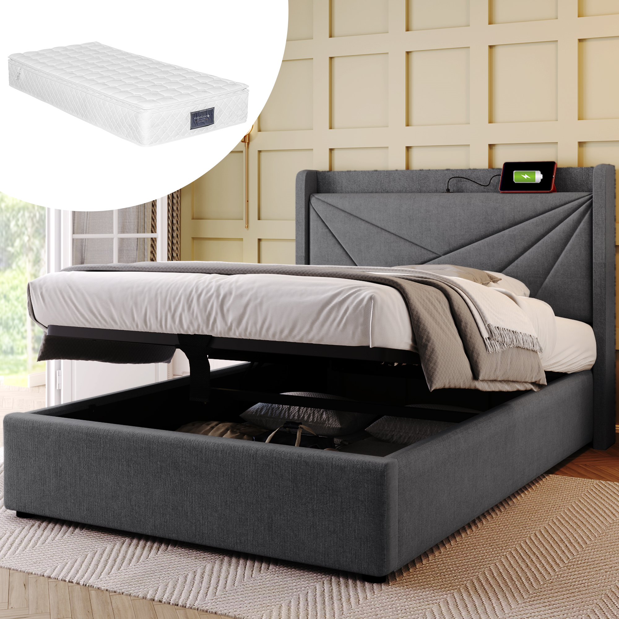 Polsterbett Einzelbett Stauraum Bettkasten mit USB